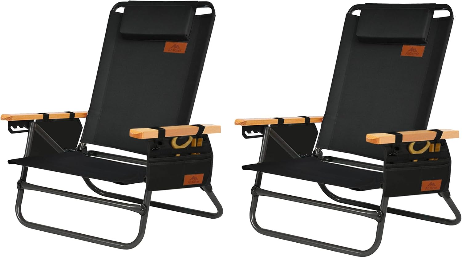 AnYoker Camping Chair, 4 Adjust Position Compact Backpacking Chair, Portable Folding Chair, Beach Chair with Side Pocket, Headrest,Cup Holder,Shoulder Strap, Lightweight Hiking SDTJY ?Black 2 Pack?