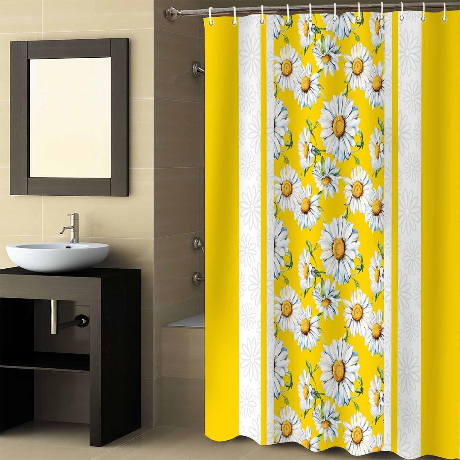 Yellow Daisy Shower Curtain Set with Hook 72" x 78",Washable Cloth Polyester Fabric Shower+Curtain,Waterproof Bath Curtains for Bathroom,Showers,Bathtubs Vintage Botanical Wildflower Geometric Stripes