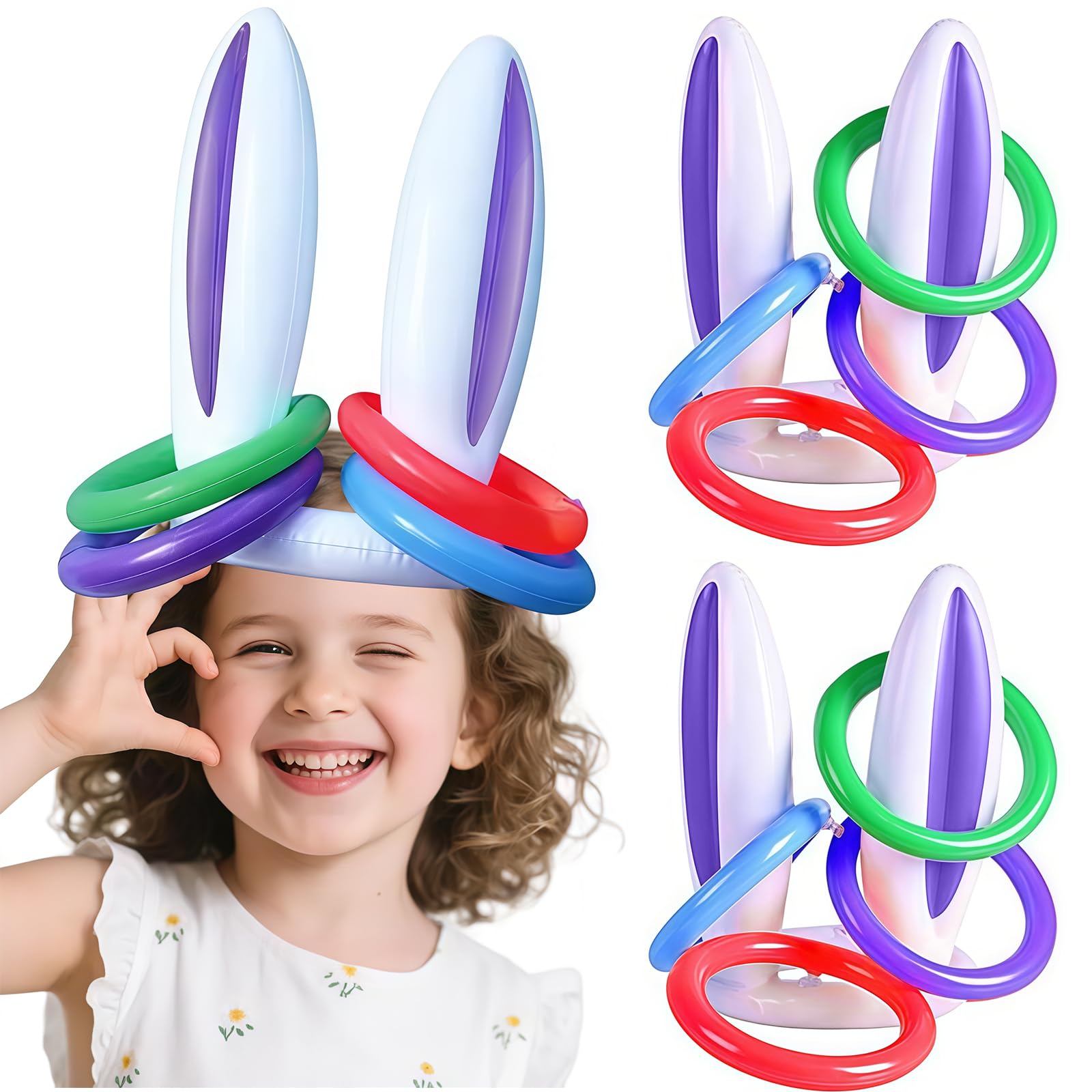 2 Stück Aufblasbare Osterhasenohren Ringwurfspielzeug Con 8 Ringe, Kaninchenohren, Gastgeschenke für Kinder, Osternparty-Spiele für Kinder Erwachsene Gartenspiele Party Requisiten Ostergeschenke