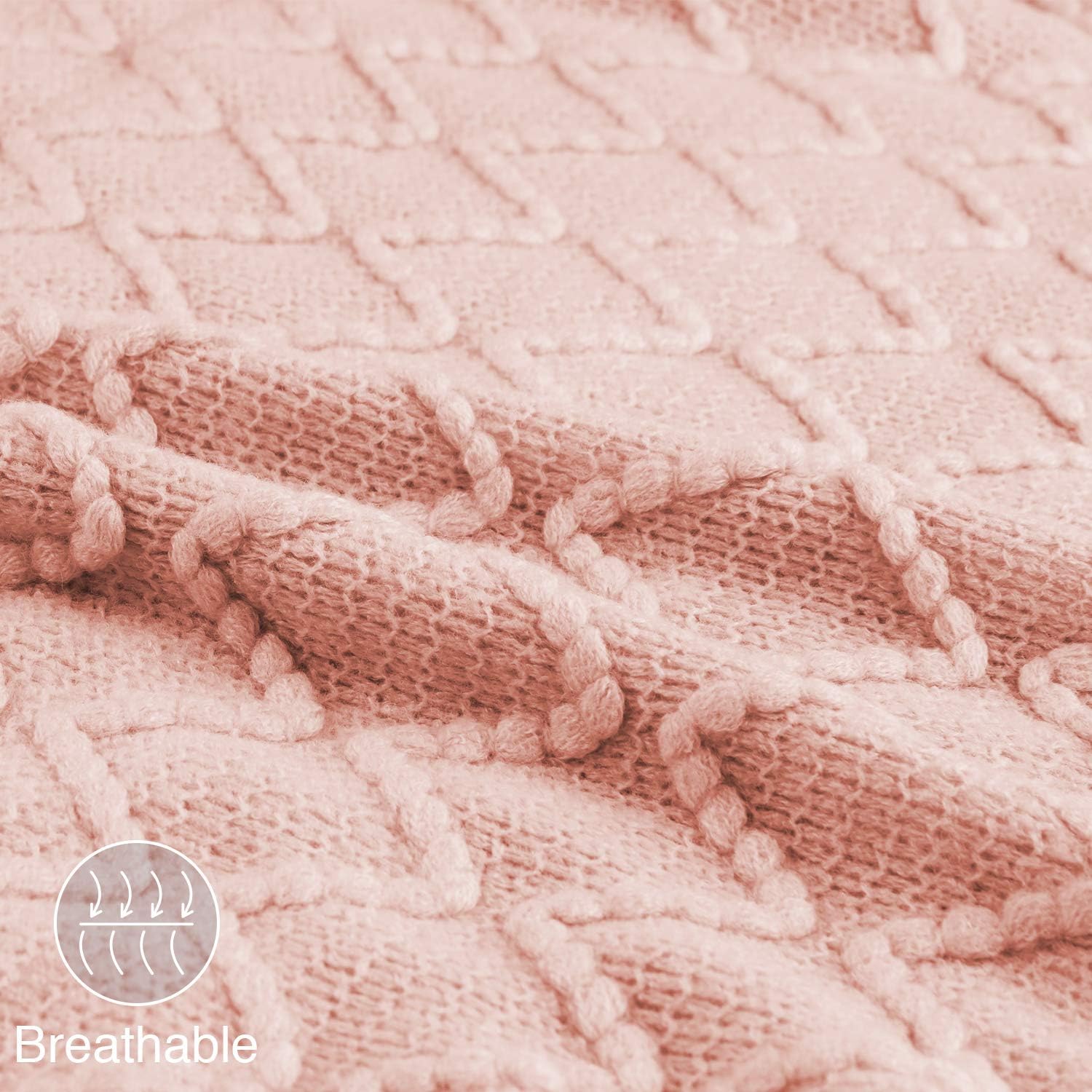 EXQ Home Textured Solid Knit Throw Blanket with Tassels, Soft Lightweight Decorative Woven Blanket for Couch,Bed,Sofa,Travel, Machine Washable Cozy Blanket Suitable for All Seasons(50"×60",Pink)