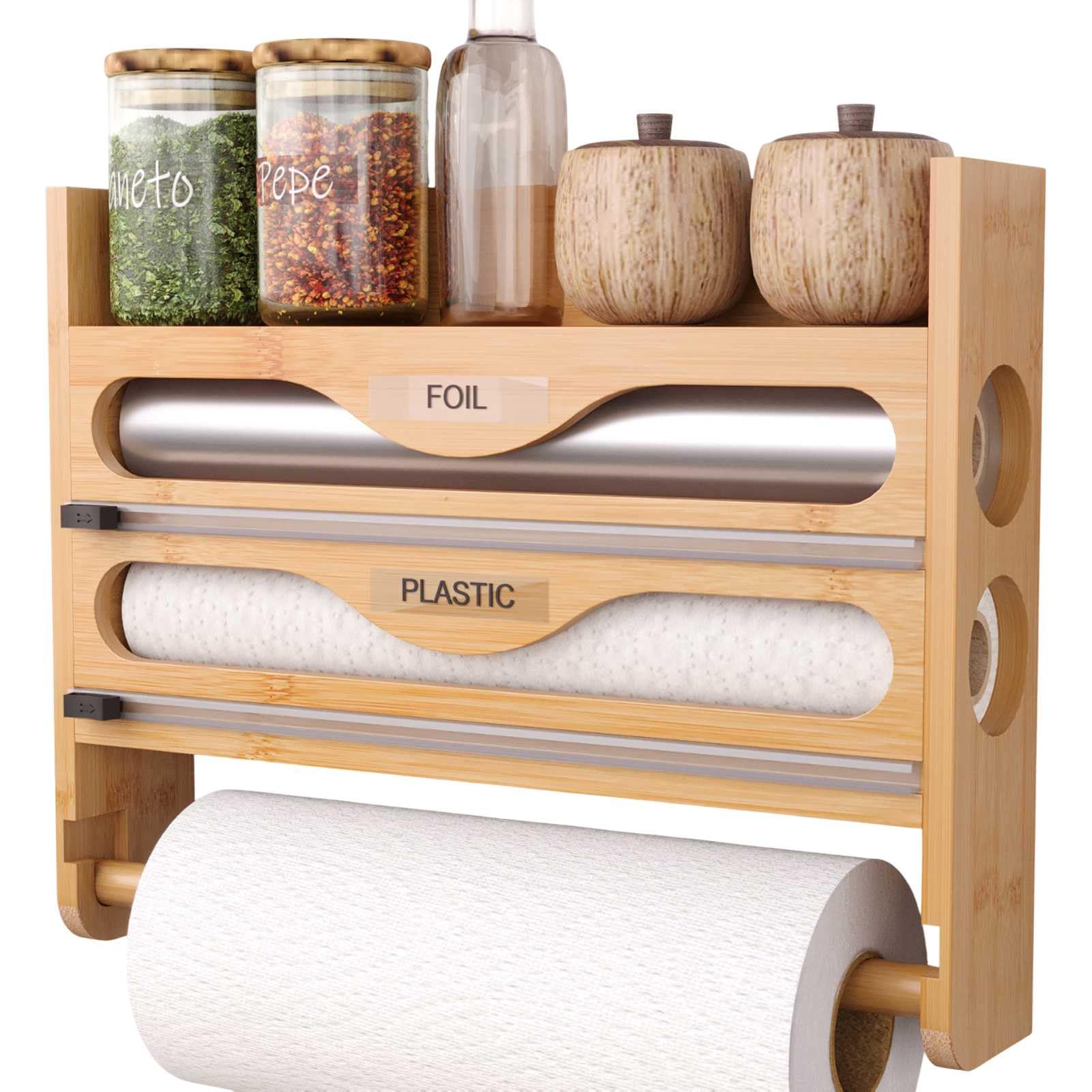 Dispensador Papel Aluminio y Film con Estante para Especias y Portarrollos Papel Cocina, Organizador Papel Aluminio y Film, Cortador Papel Aluminio y Film Se Adapta a Rollos de 12 Pulgadas