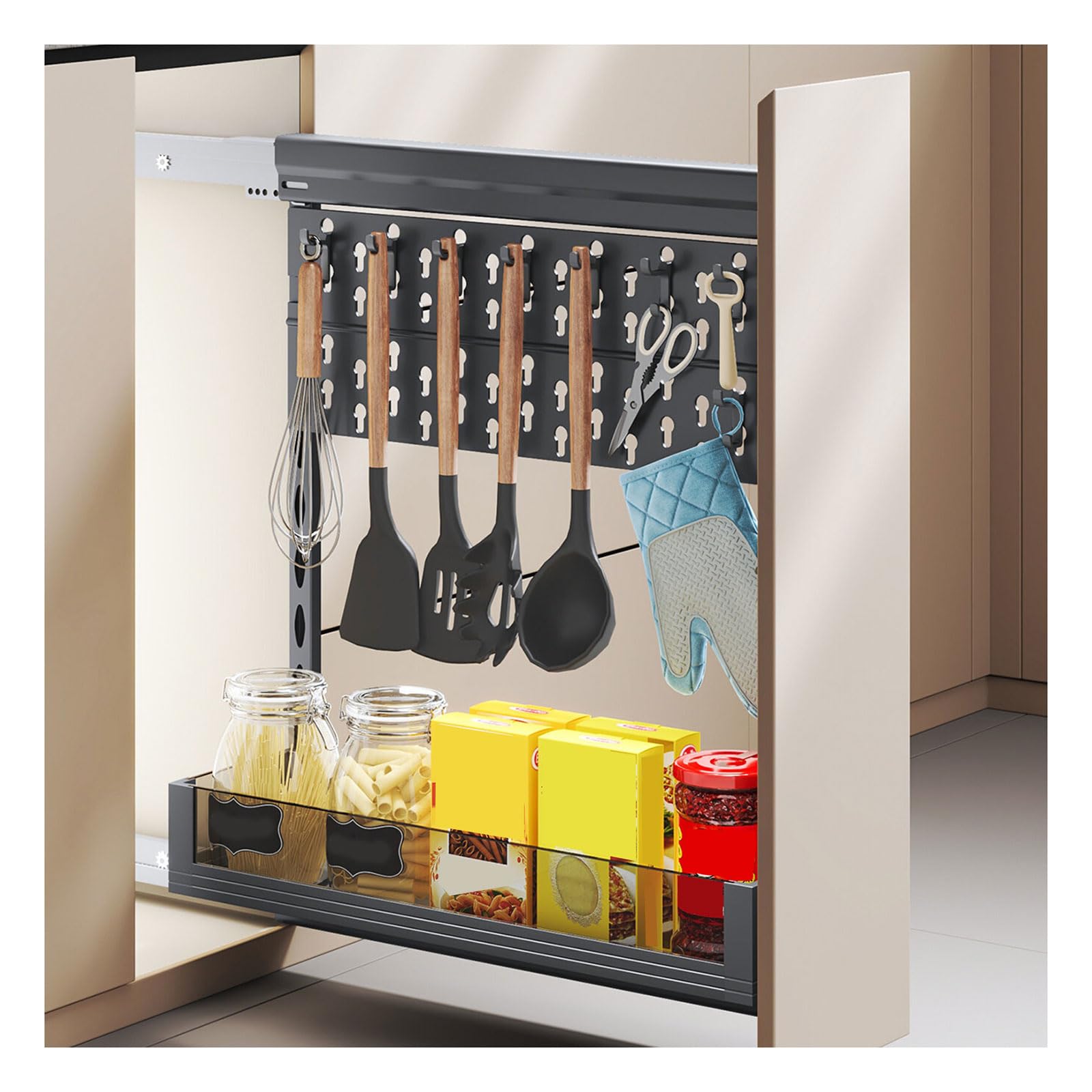 Organizador bajo fregadero con soporte para utensilios y tablero de cocina