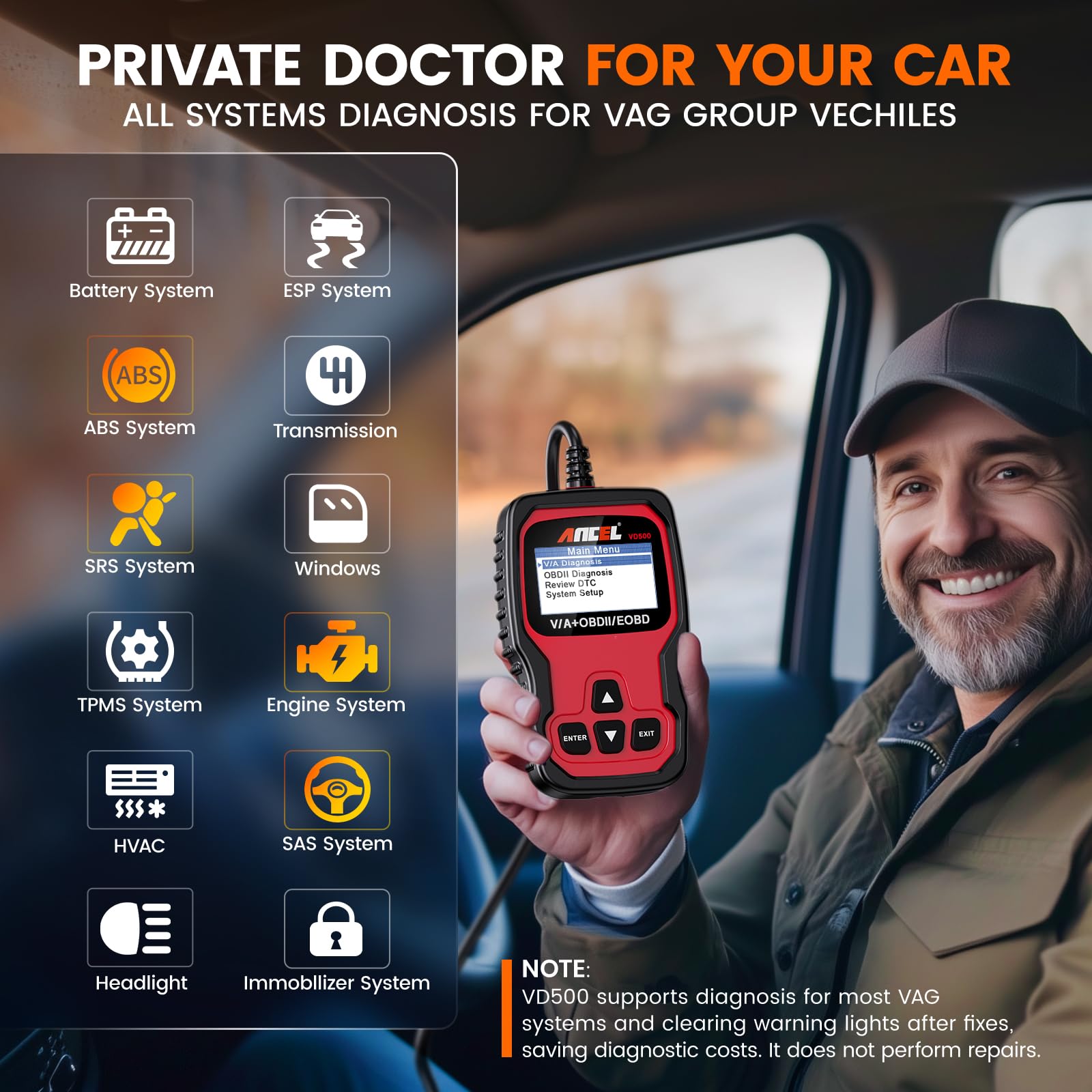 ANCEL VD500 OBD2 Diagnosegerät für VW/für Audi/für Skoda/für Seat, Fehlercodes Auslesen und Löschen Motor EPB ABS SRS OBD Öl TPS Zurücksetzen Reset Tool in Deutsch