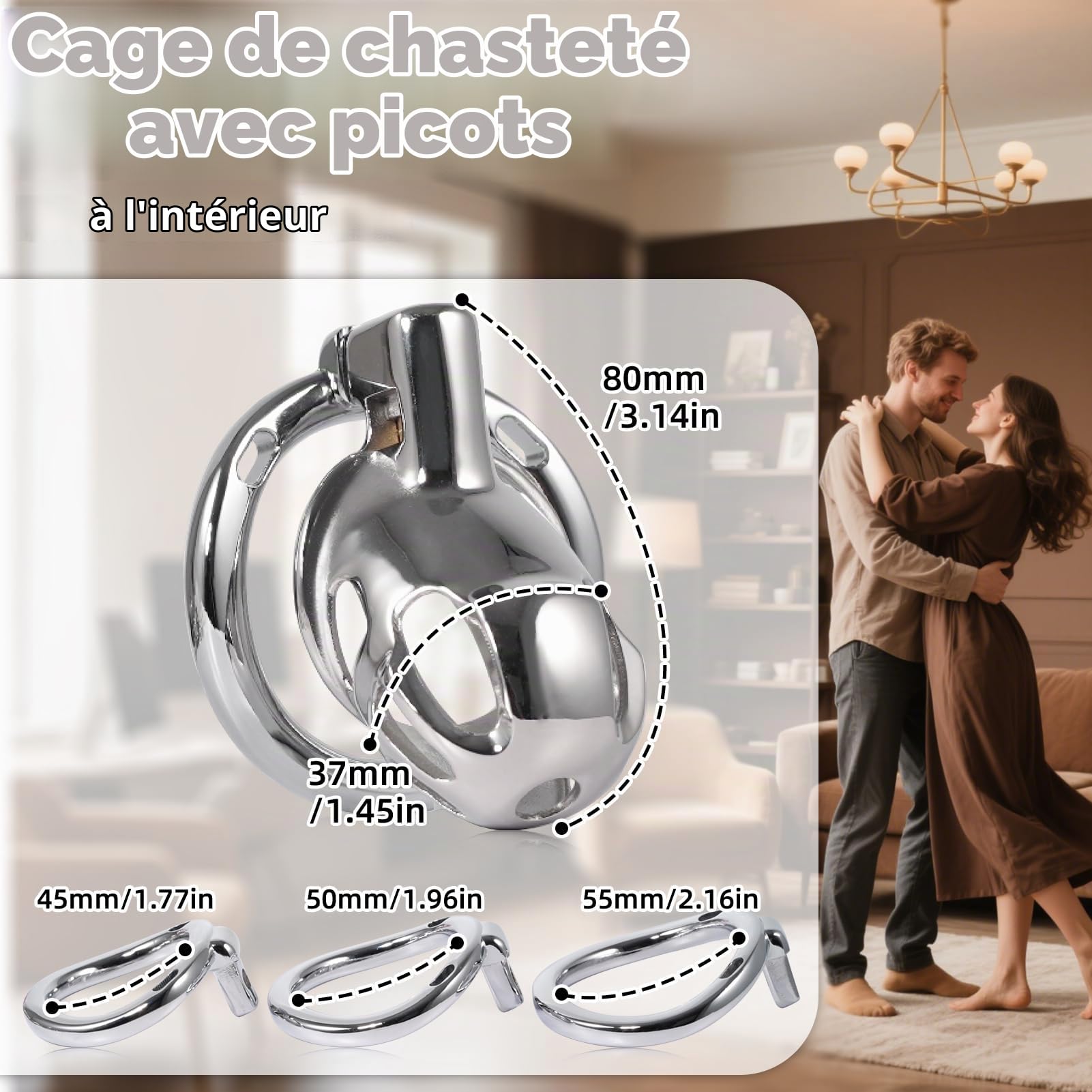 Cage de chasteté en métal pour hommes avec ceinture antidérapante, anneaux réglables et serrure, ceinture de chasteté en acier inoxydable pour hommes, Cock Cage SM Bondage Sex Toy