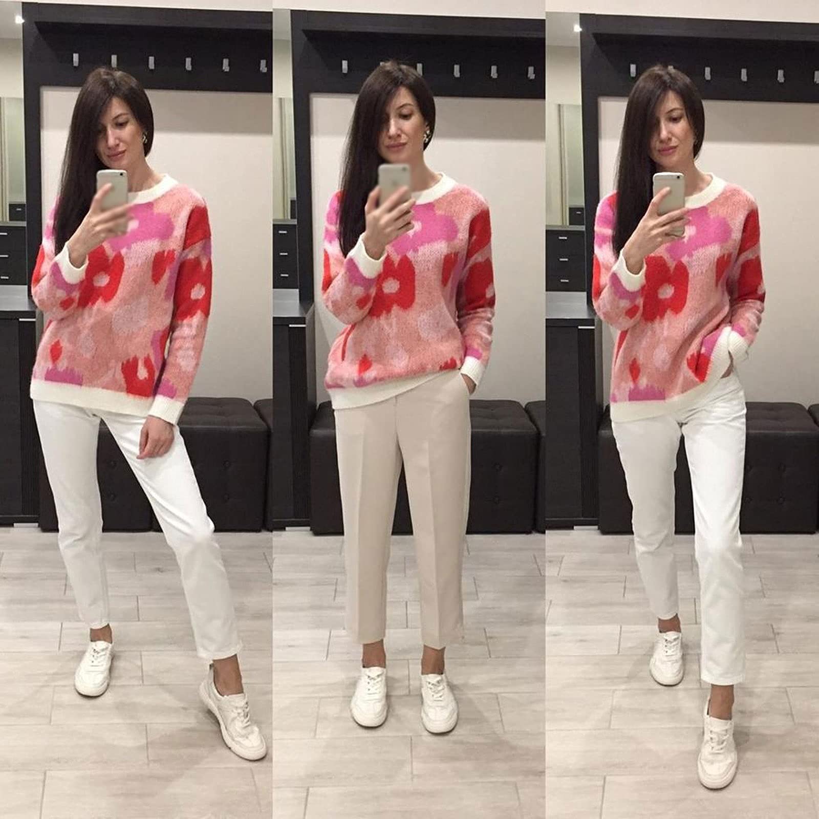 Damskie swetry jesienno-zimowe moherowe sweter damski sweter okrągły dekolt z długim rękawem kwiatowy wzór słodki dzianinowy sweter top Pull Femme