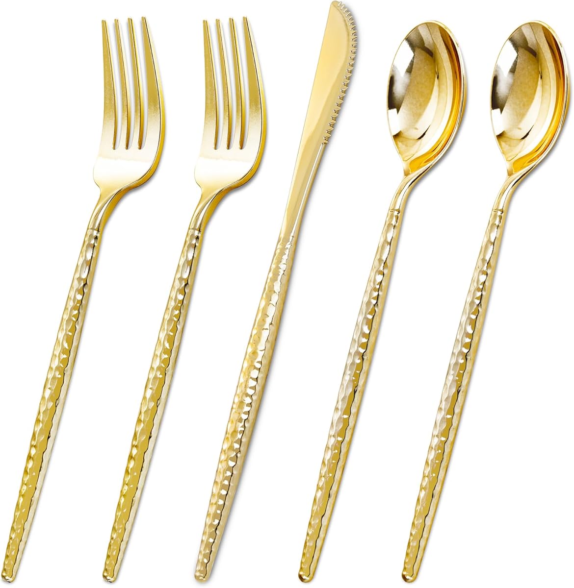 Rubtlamp 180 Pcs Gold Plastic Silverware - Disposable Plastic Utensils - Hammered Plastic Forks And Spoons - Gold Plastic Cutlery Set Include 60 Forks, 60 Knives And 60 Spoons for Party