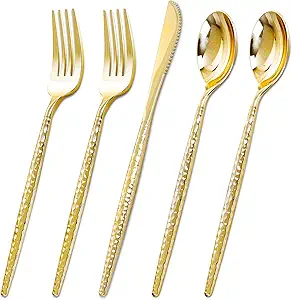 Rubtlamp 180 Pcs Gold Plastic Silverware - Disposable Plastic Utensils - Hammered Plastic Forks And Spoons - Gold Plastic Cutlery Set Include 60 Forks, 60 Knives And 60 Spoons for Party