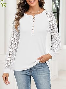 TICTICMISS Women's Lace Long Sleeve Shirts Henley Crewneck Tops Business Casual Fall Blouses