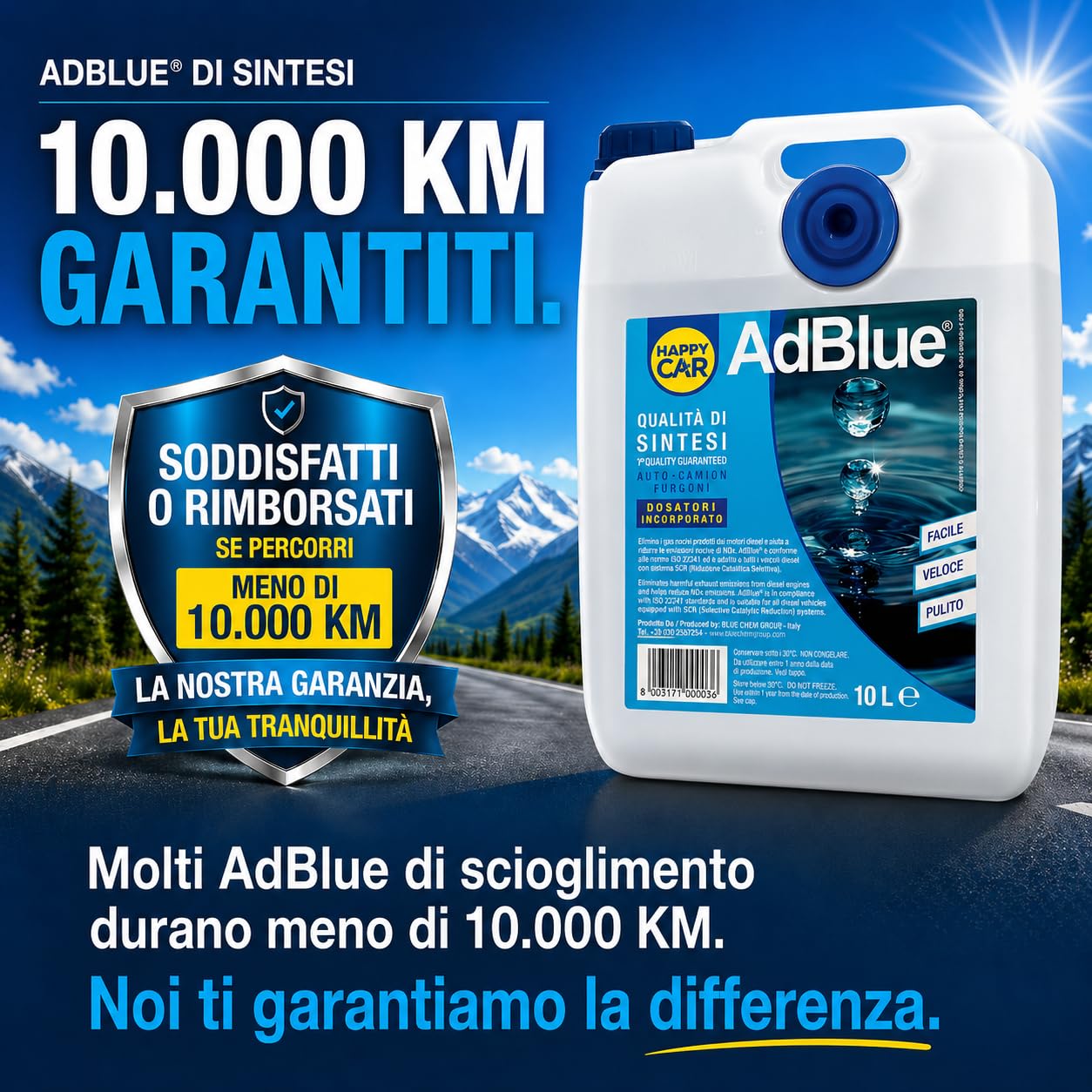 HappyCar AdBlue 10L - Liquido per Gas di Scarico per Motori Diesel con Sistema SCR ISO 22241 con Dosatore Incluso - Made in Italy