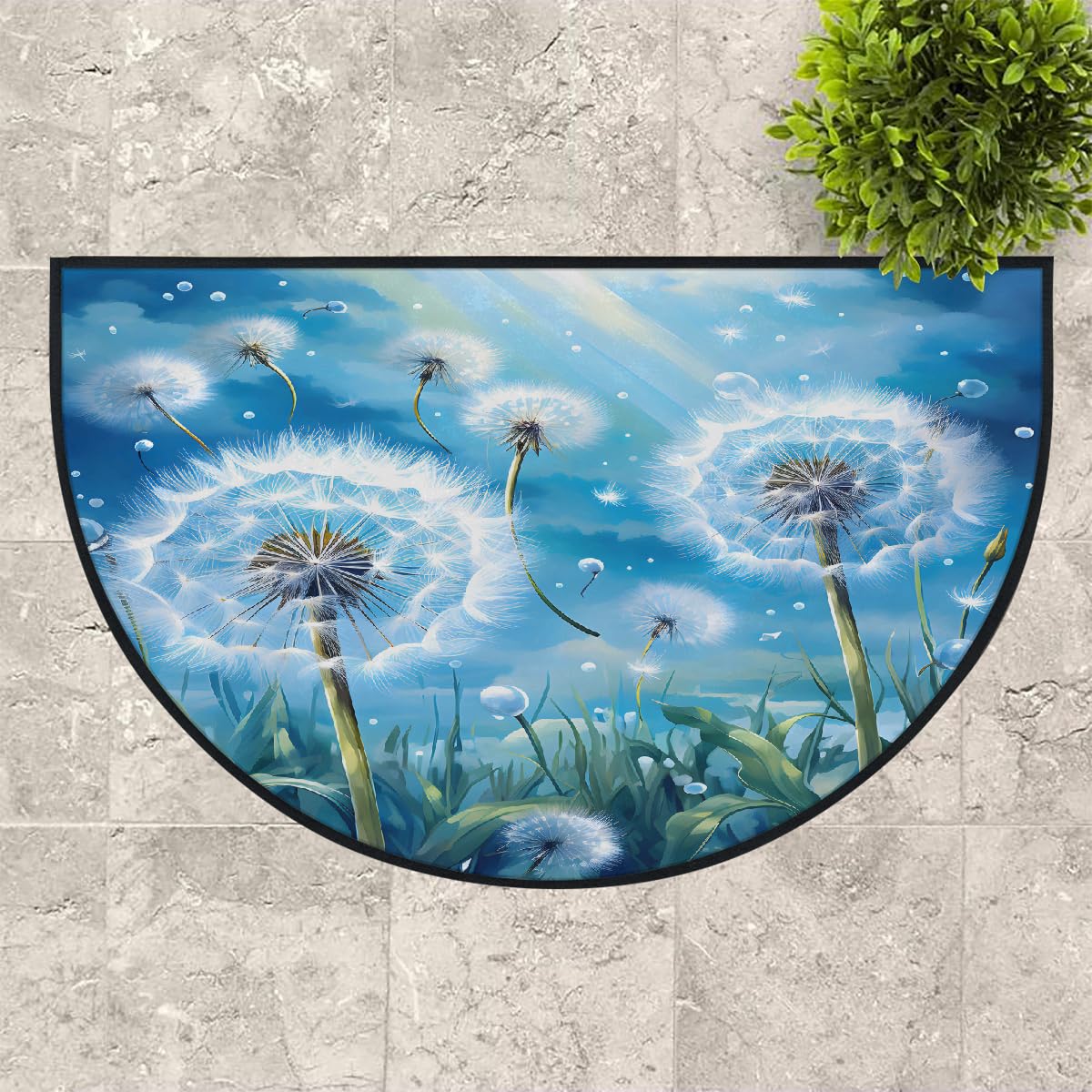 Mexpekil Paillasson demi-lune en forme de plante pissenlit pour intérieur et extérieur antidérapant lavable, tapis de sol en demi-cercle absorbant la saleté, tapis demi-rond, 100 x 160 cm