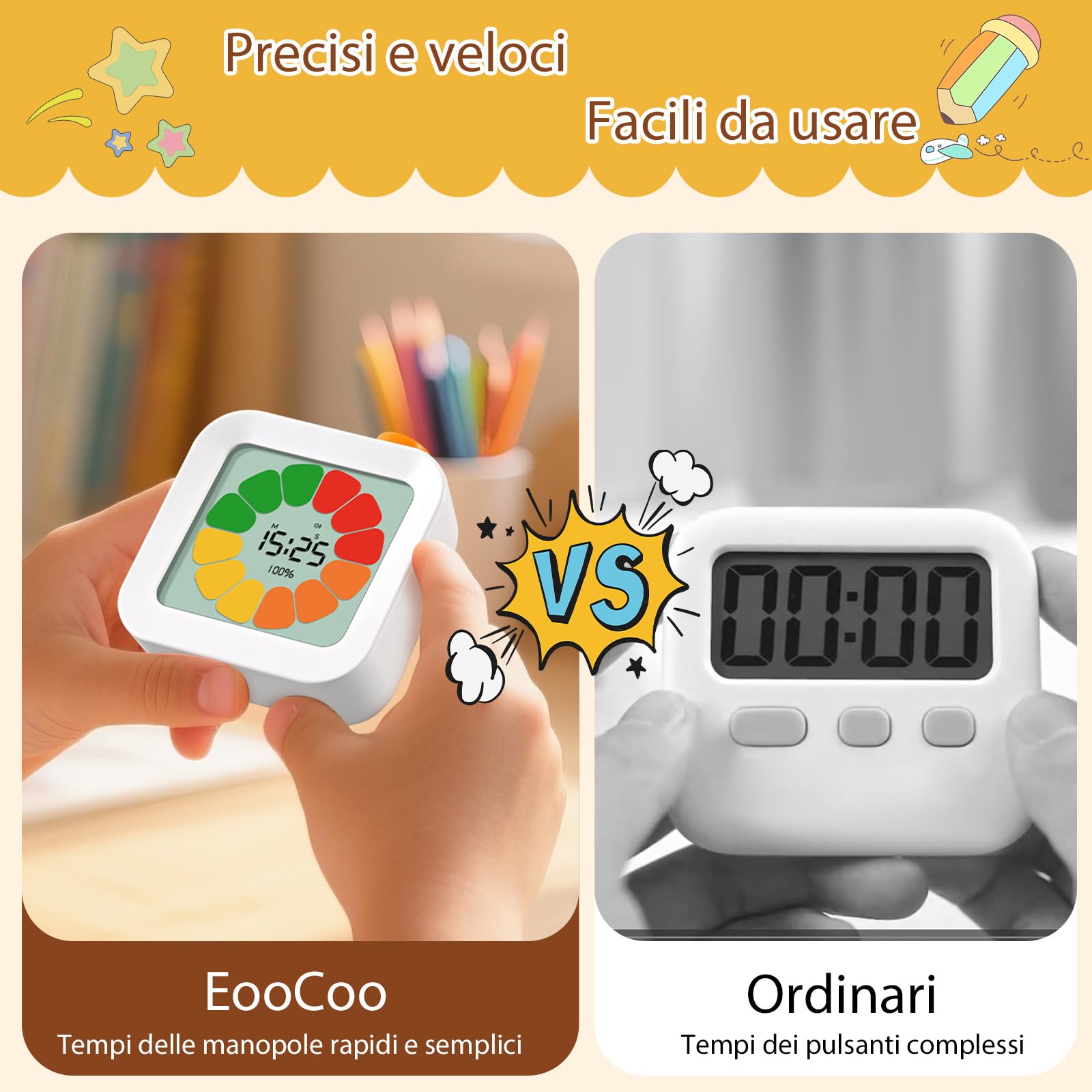 EooCoo Timer Visivo Bambini, Conto alla Rovescia di 99 Minuti, Temporizzatore Digitale con Memoria di Produttività con Allarme Silenzioso, Tasti Min/Sec, Oggetti per la Cucina, Scuola, Ufficio, ADHD