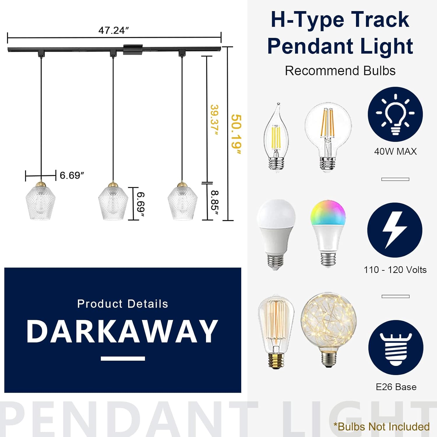 Darkaway H-Type Track Pendant Lighting, 3-Lights Track Ceiling Light Hanging Fixtures Include H Type Track Lighting Rail and H Track Floating Canopy Connector for Kitchen Island Dining Room Hallway