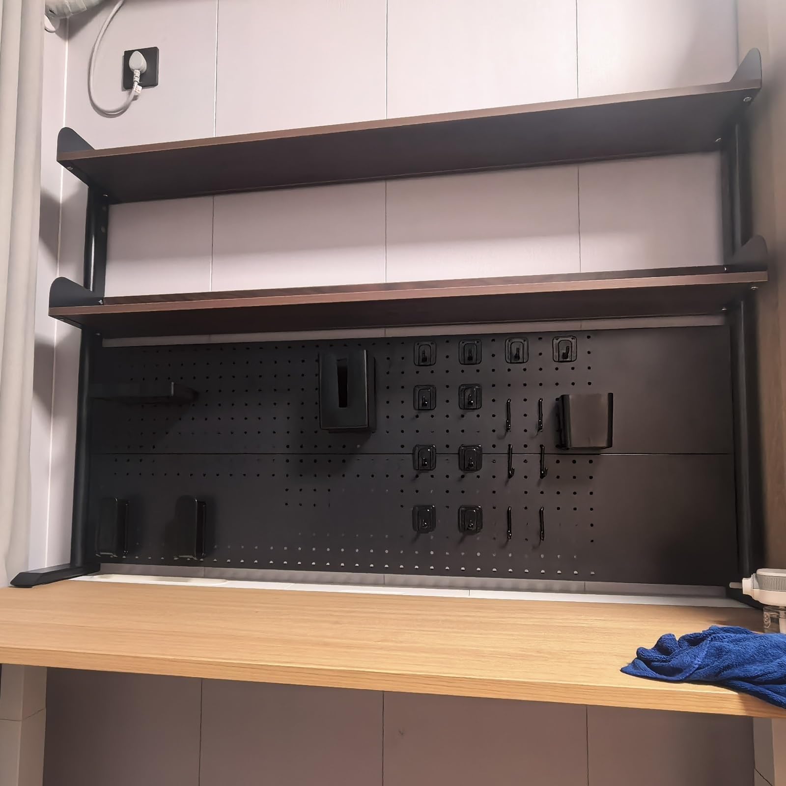 Organizador De Escritorio De 2 Niveles Para Dormitorio, Con Tablero Perforado, Estructura De Acero Y Estantería De Escritorio Multiusos De Madera, Estructura Estable(120cm/47.2in)