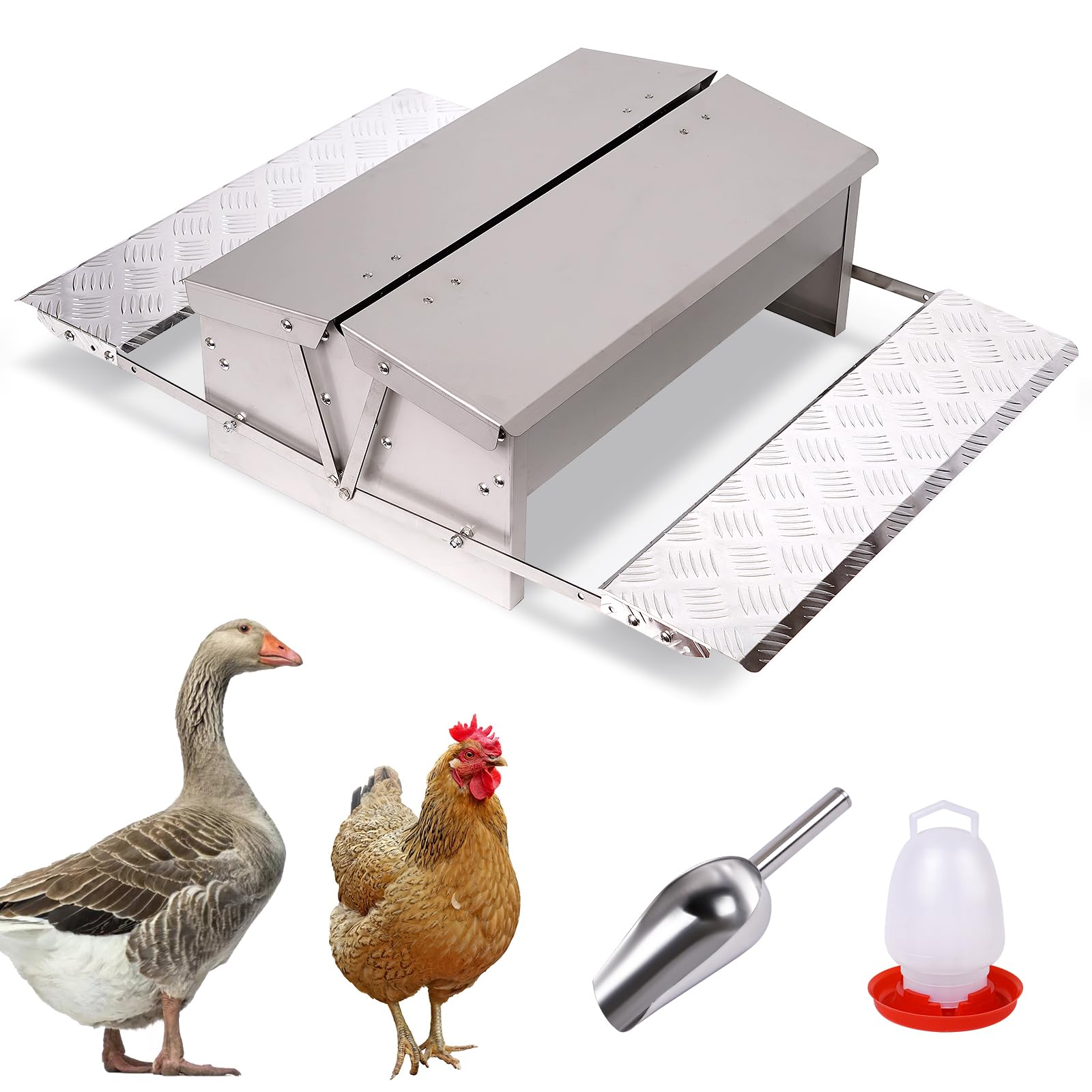 Comedero Automático para Pollos Comederos para Aves de Corral con Pedal 1 Bebedero para Pollos 1 Cuchara para Comida para Aves Sin Desperdicio Acero Inoxidable Autoapertura para Pollos, Patos, Pavos