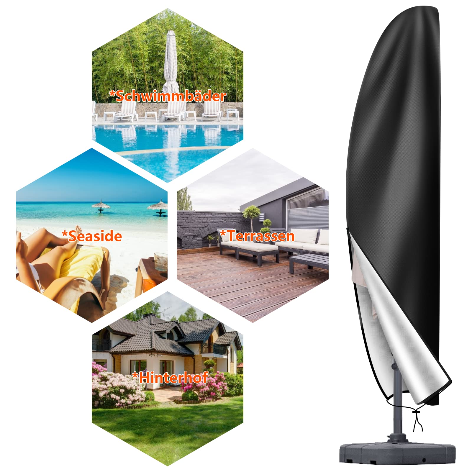 Pokrowiec na parasol na wspornik, wodoodporny, pasuje do 2,5 m 2,7 m 3 m 4 m patio duży zwisający parasol zewnętrzny, 600D Oxford odporny na promieniowanie UV, wiatroszczelny pokrowiec na parasol
