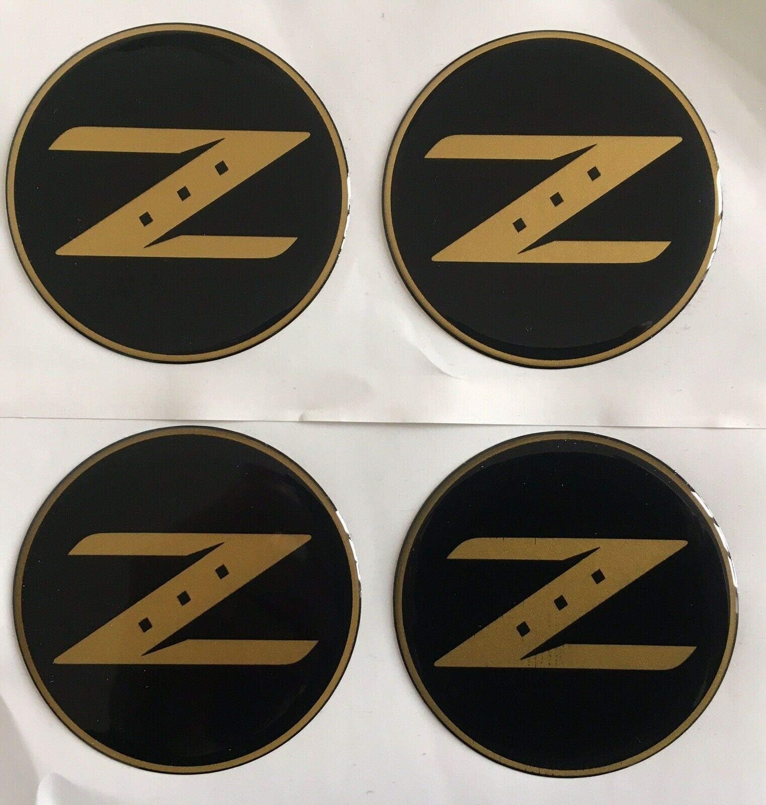 NISSAN 350Z 370Z Z LOGO ALLOY WHEEL CENTRE DOMED STICKERS X4 BLACK GOLD (55MM)