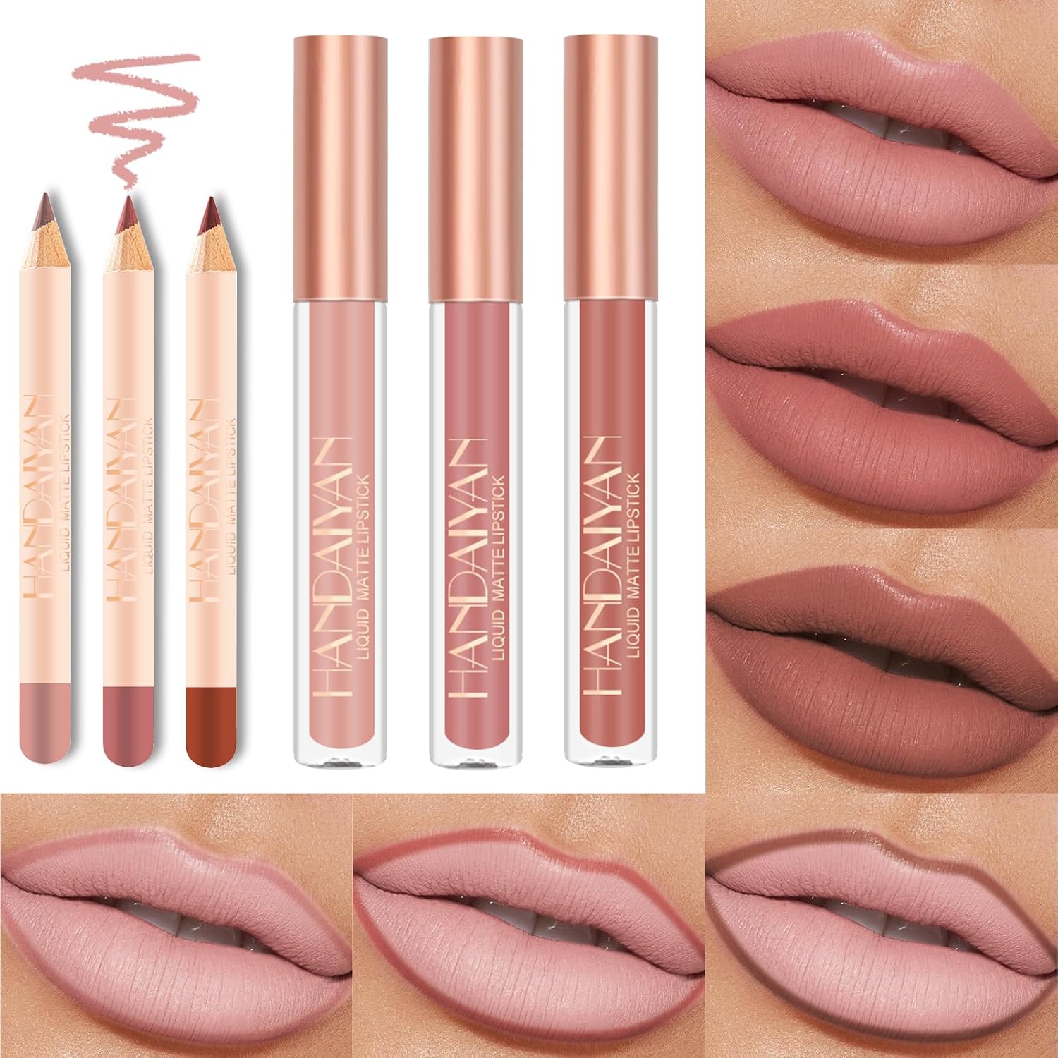 Lipliner, set van 6 stuks, lippenstift, nude, roze, matte lippenstift, permanente lipliner, balsem, lipgloss, rood, 24 uur lang aanhoudende lips, make-up kits voor dames, cadeau (6 stuks