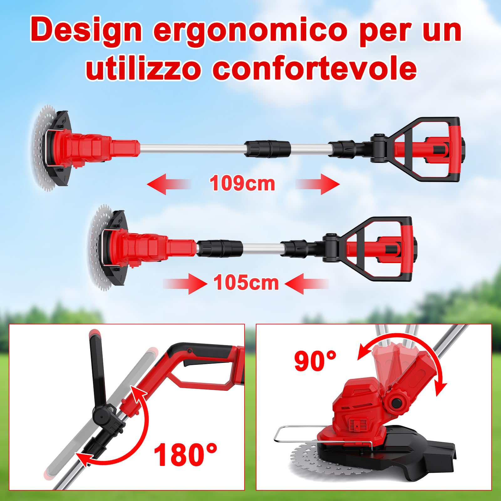 Rasaerba elettrico a batteria, Decespugliatore con 1 batterie da 21 V 4,0 Ah, manico telescopico regolabile, tosaerba a 3 lame, decespugliatore a batteria per giardinaggio