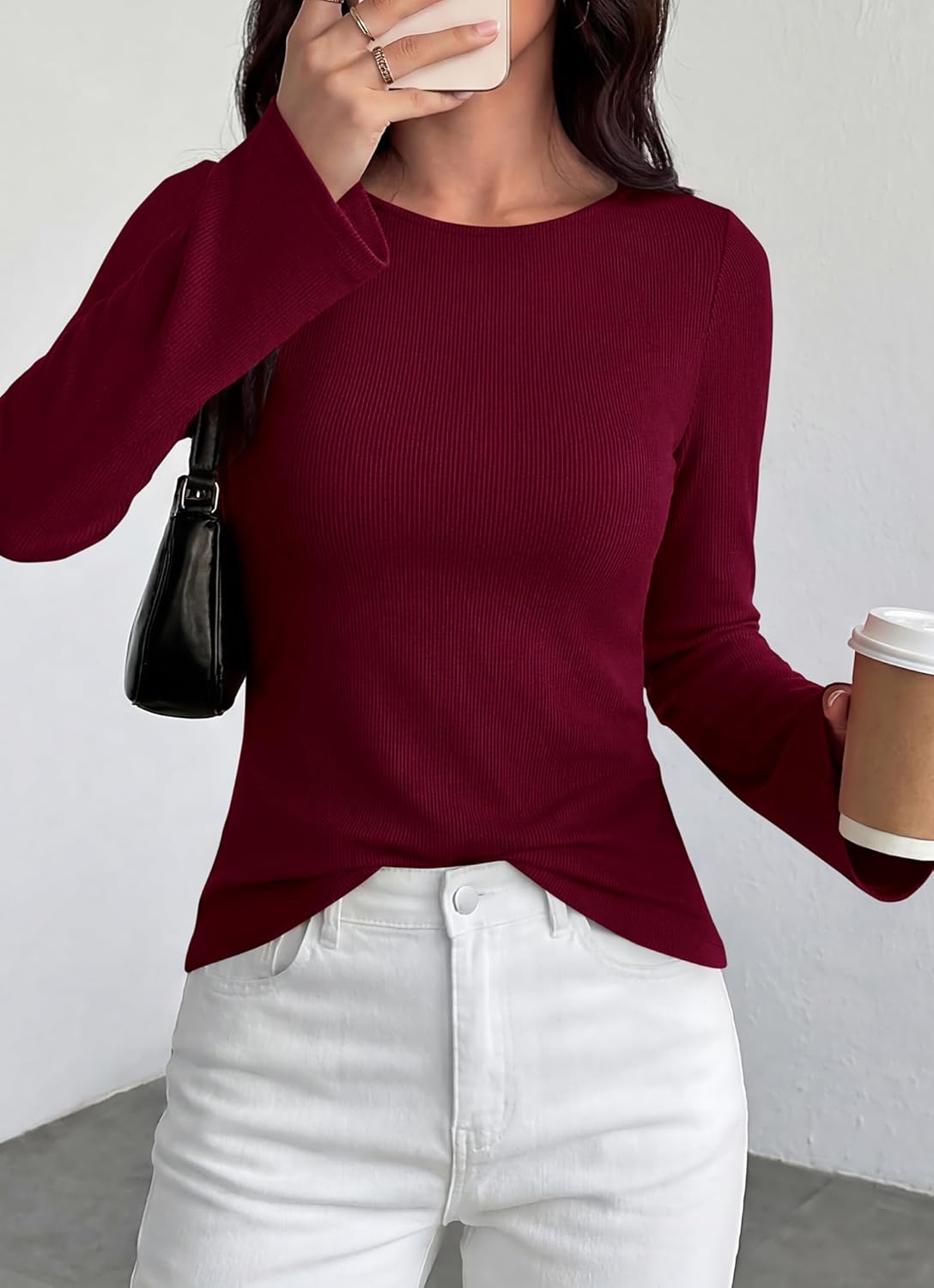 BTFBM Long Sleeve Shirts for Women 2026 Spring Y2K Clothes Casual Boat Neck Bell Sleeve Fitted Fall Going Out Tops - Image 4