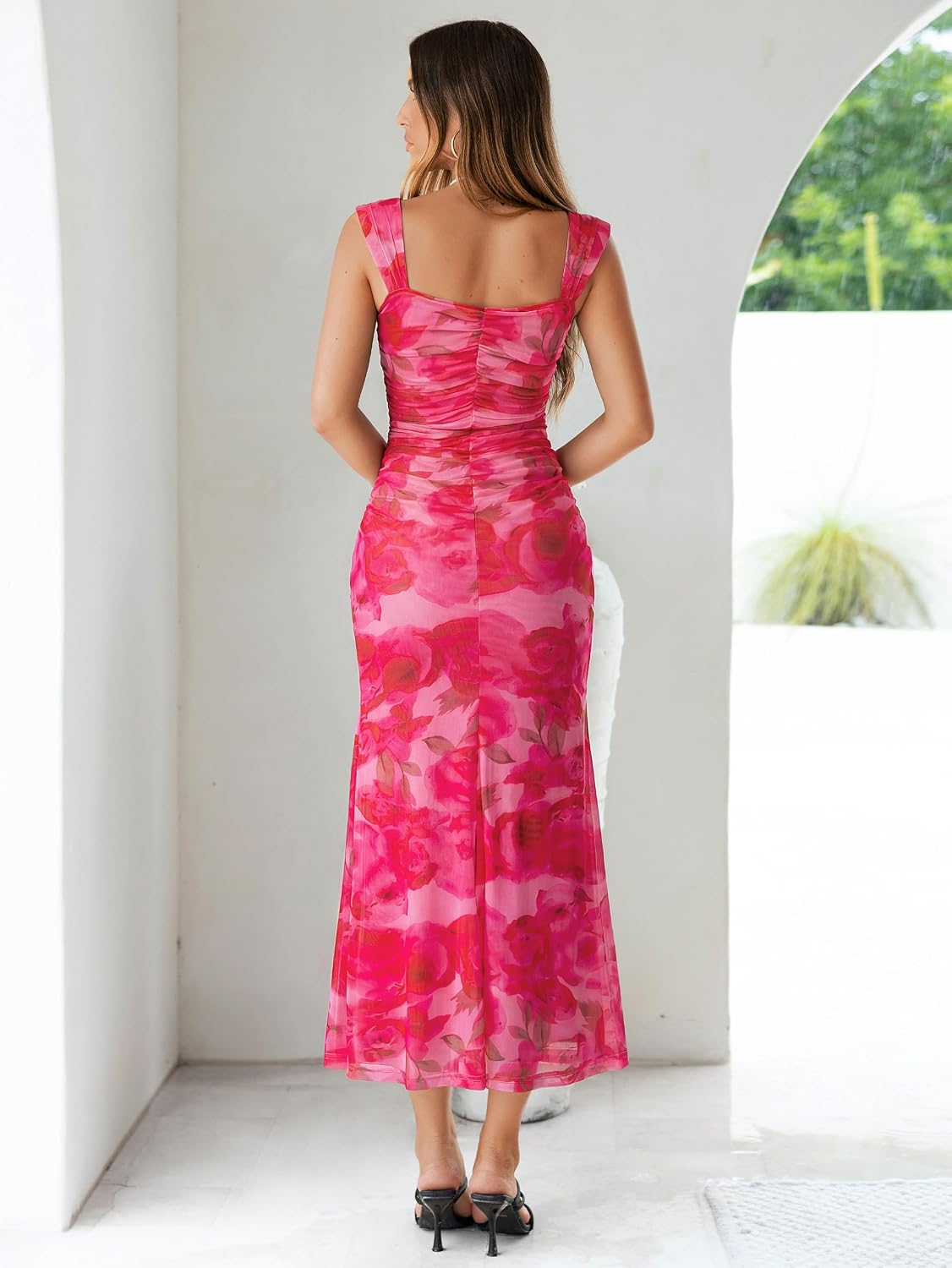 Simplee Womens Summer Wedding Guest Dress Floral Bodycon Mesh Tank Sleeveless Ruched Sexy Party Spring Formal Maxi Dress