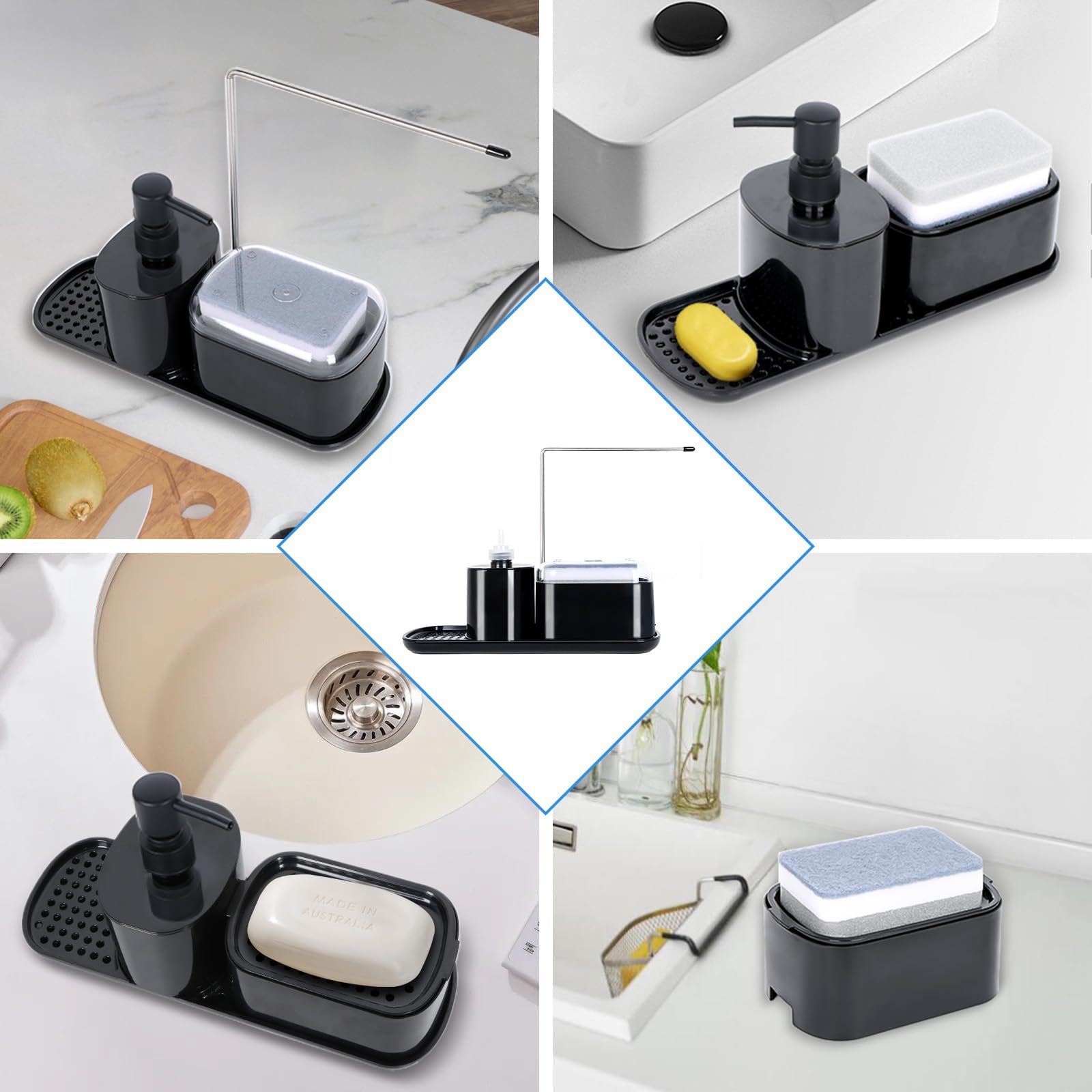 Set di dispenser di sapone liquido nero con porta spugna e portasciugamani da cucina Dispenser di detersivo per lavello da cucina Pompa di sapone ricaricabile per lavare i piatti Accessorio da cucina