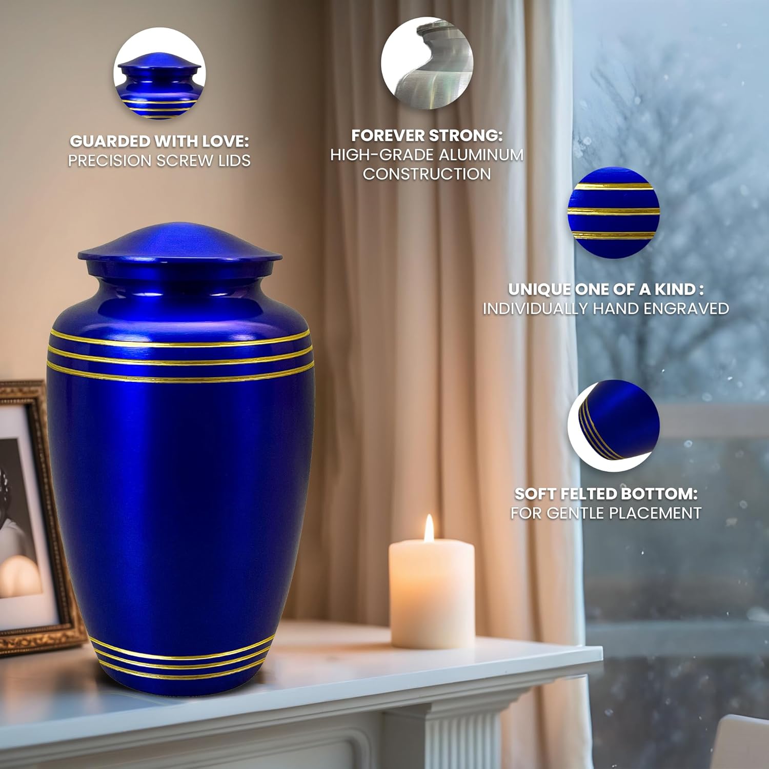 Set of 6 Royal Blue Decorative Funeral Urns for Ashes Adult Male & Female Includes 1 Large Urn with 4 Small Keepsakes & 1 Memorial Necklace