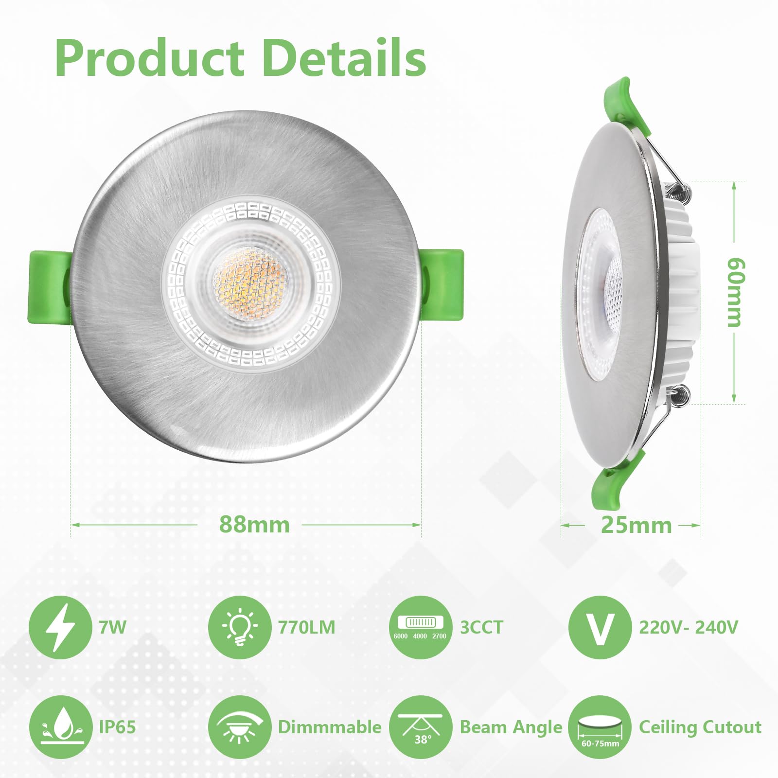 KYOTECH Foco LED Empotrado 230V Regulable en Intensidad 60-75mm Taladro, Spot LED 7W 770LM Ultra Plano, Spot de Techo 2700K/4000K/6000K, Luminaire Empotrado IP65 para Baño, Níquel Cepillado 10 Piezas