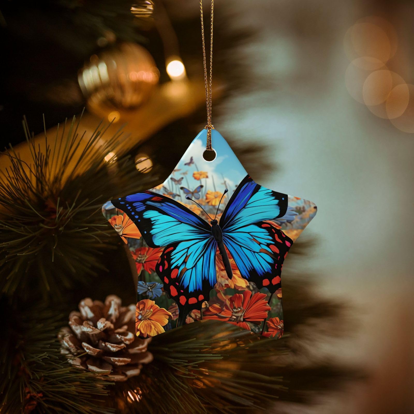 Christmas Tree Ornaments Ceramics Christmas Decorations Big Butterfly Ornaments with Gold Ribbon Porcelain Xmas Tree Crafts Star Shape Hanging Pendant for Christmas Tree Party Decor