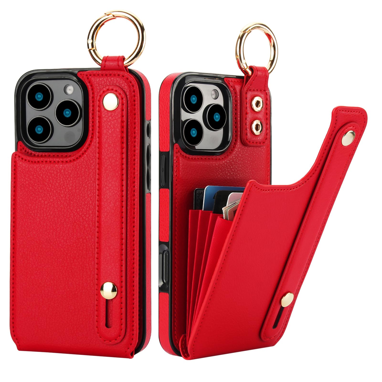 Folosu for iPhone 16 Pro Max Wallet Case with Card Holder, Hand Wrist Strap Loop Holder Kickstand, RFID Blocking Finger Grip Ring PU Leather Double
