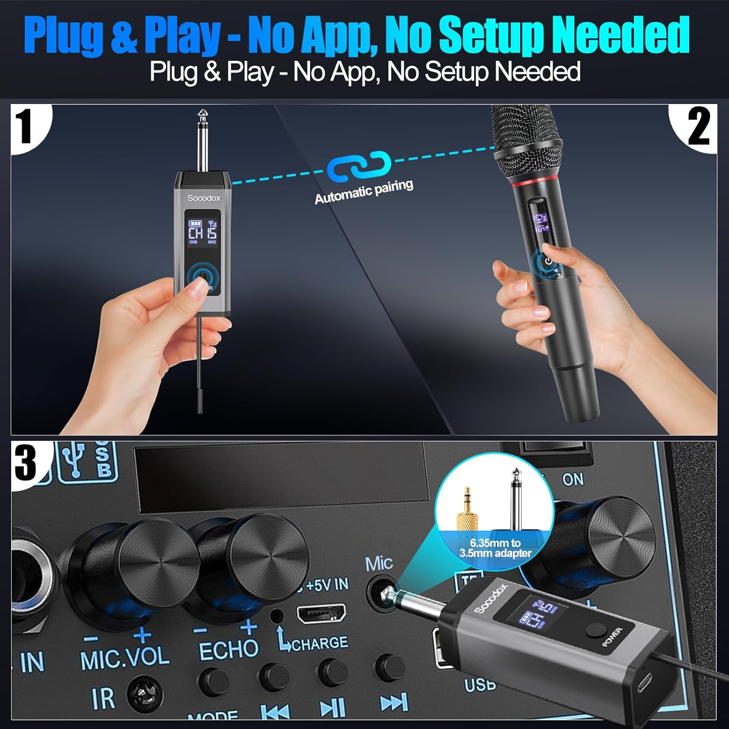 Wireless Microphone System for Karaoke, Dual UHF Metal Wireless Mic with Rechargeable Receiver, for PA System, Speaker, Party, DJ, Wedding, Church (Black)