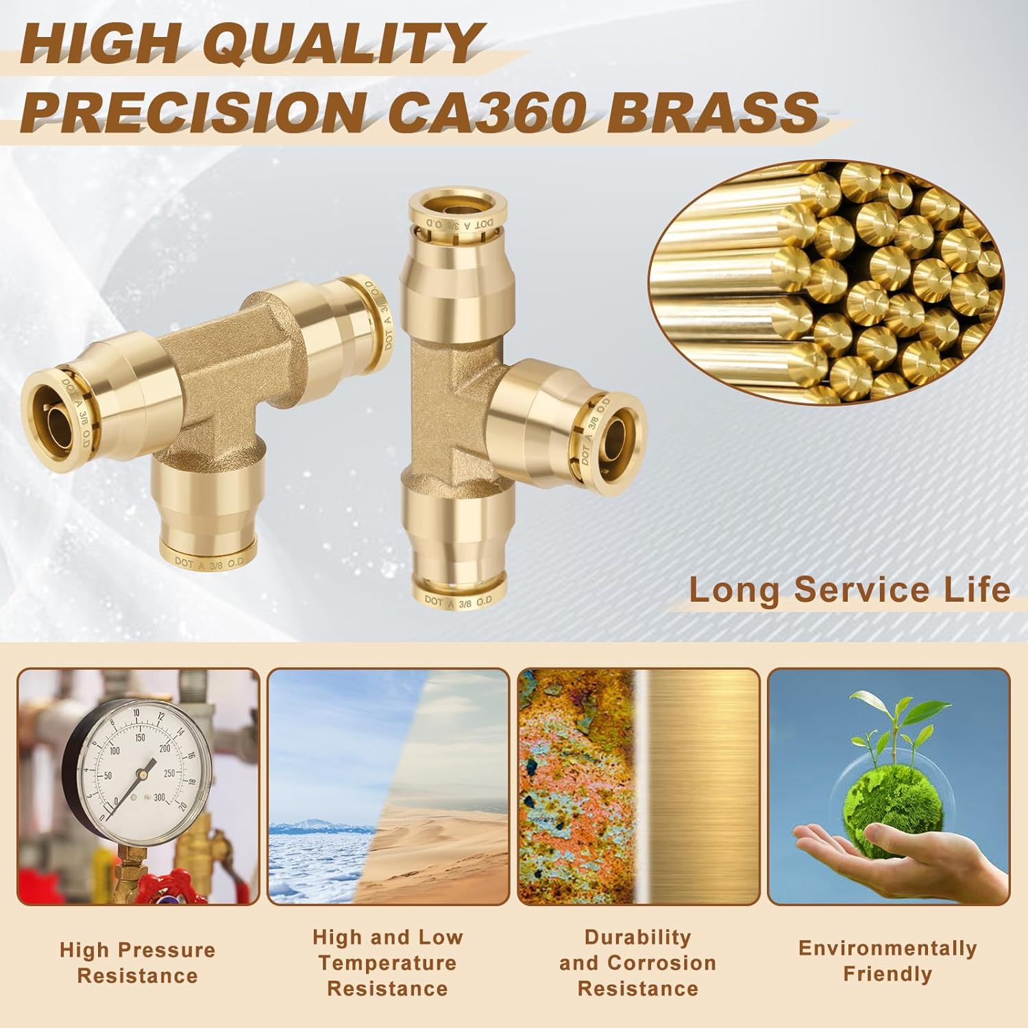 3/8" Quick Push to Connect Fittings Brass Union Tee Shaped Joint DOT Approved 3/8 Inch OD 3 Way Tube Air Line Adapter Air Spring Suspension Kit for Car Truck Trailers and Air Brake System 5pcs