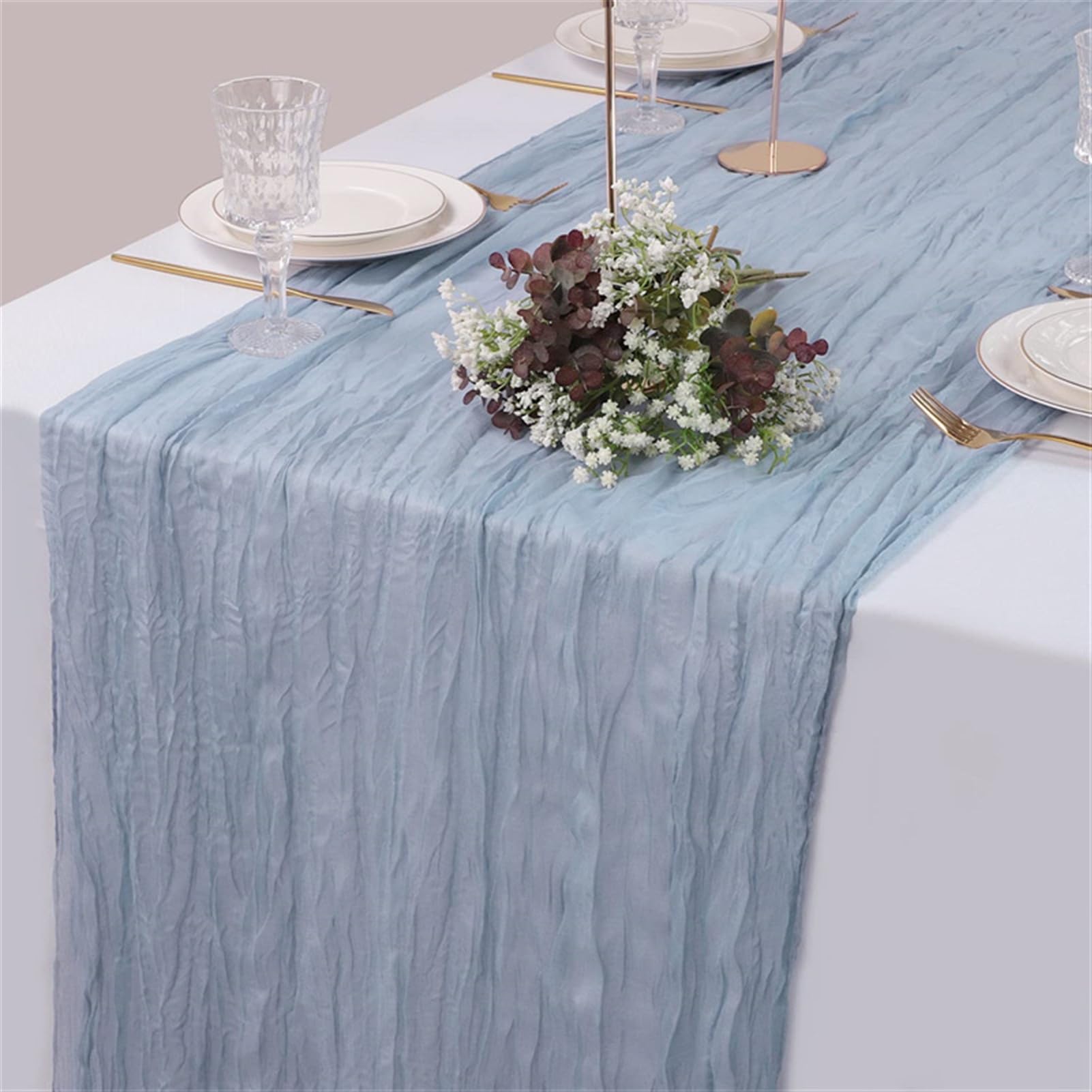 Chemin de table rustique transparent bleu gris 90x400 pour fête et baptême