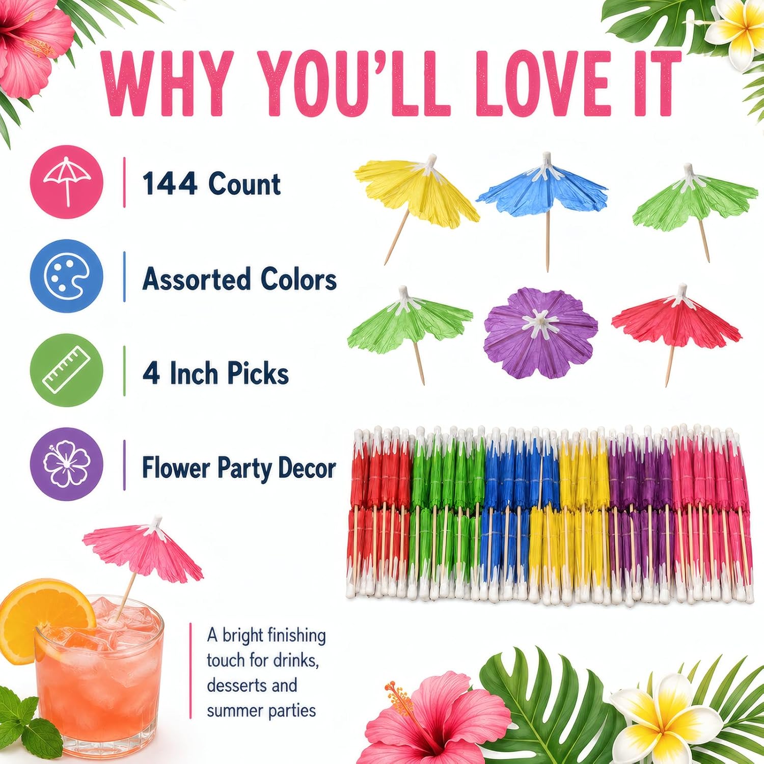 ALINK 144 Hibiscus Paper Drink Umbrellas, 4 in Assorted Tiki Cocktail Picks