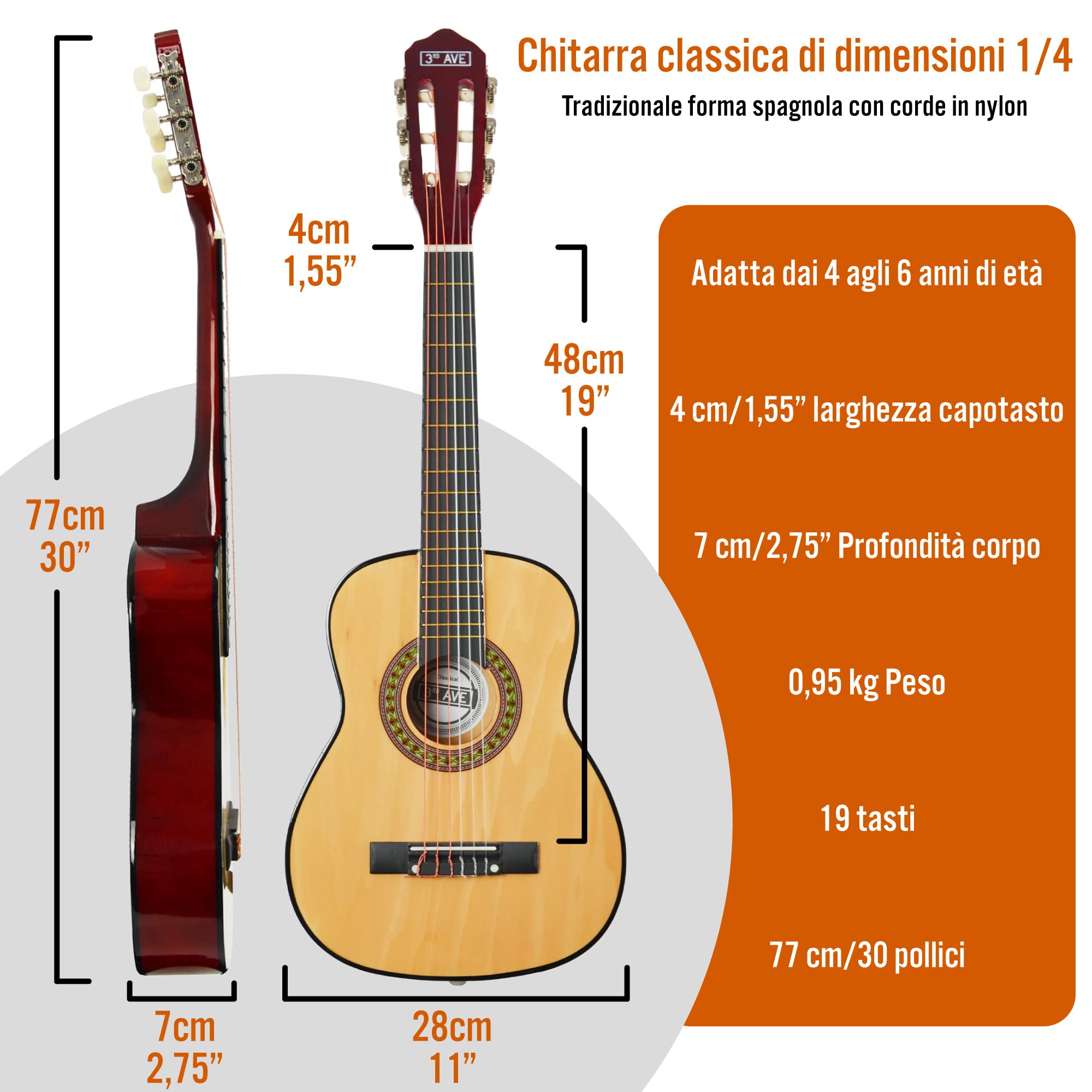 3rd Avenue Pacchetto Per Principianti Con Corde In Nylon Spagnole Per Chitarra Classica Da 1/4 Di Misura - 6 Mesi Di Lezioni Gratuite, Borsa, Corde - Naturale