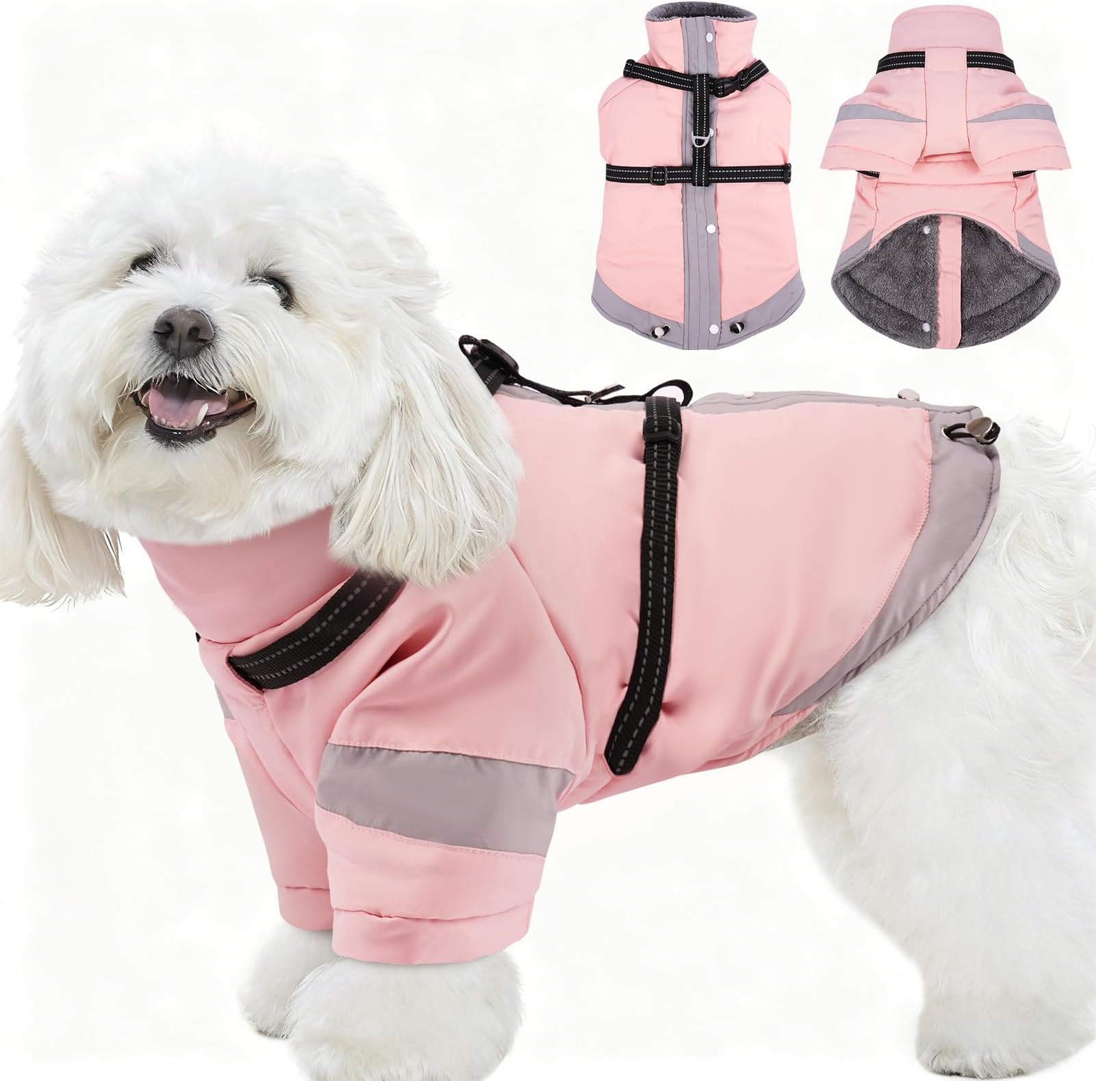 Turtleneck Dog Coat with Harness Built in - S,Soft Warm Lining | Adjustable Reflective Harness Coats for Small Dogs,Snow Day Water-Repellent,Windproof & Cold-Resistant Jacket (Light Pink)