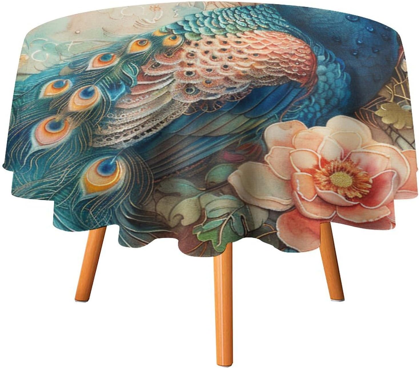 Retro Rustic Peacock Round Tablecloths, Abstract Animal Bird Floral Washable Holiday Decor Table Cover for Kitchen, Dining, Party, 70Inch