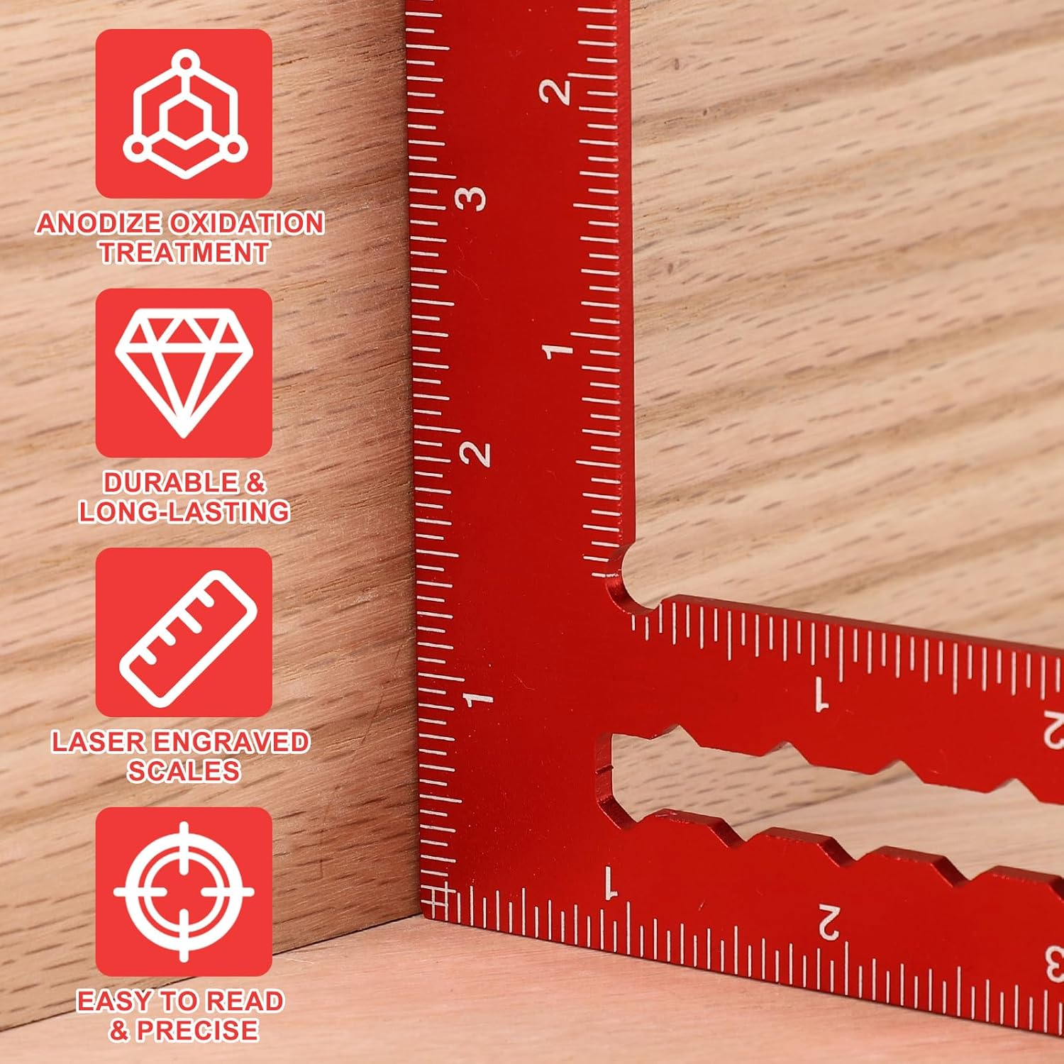 Carpenter Square - 8 x 12 Inch Right Angle Ruler, Laser Scales, Anodized Aluminum, Red