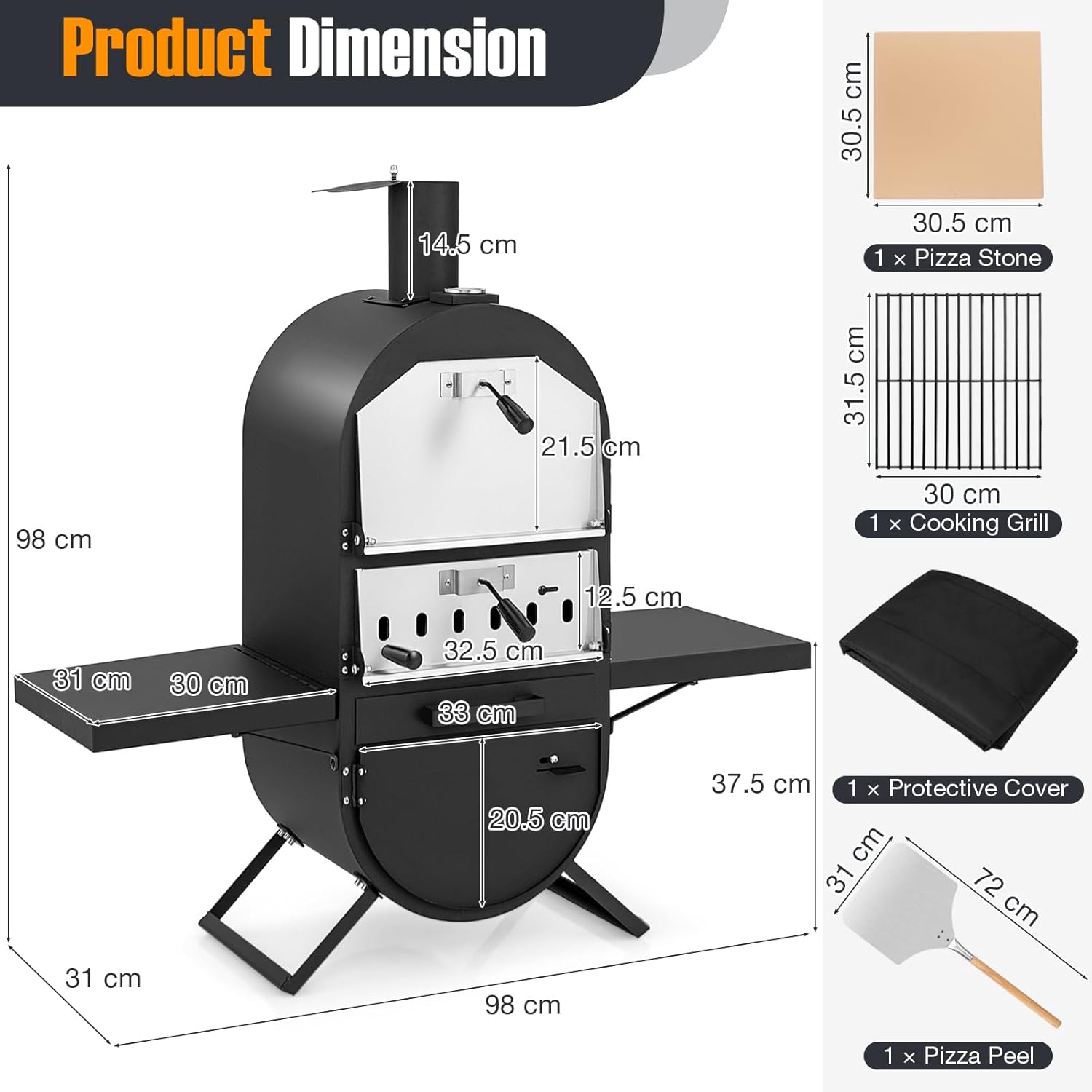 KOMFOTTEU Horno de Pizza para Exterior con 2 Capas, Horno de Lea Porttil con Bolsa de Transporte, Piedra para Pizza, Pala de Pizza, Parrilla, Termmetro, Horno Pizzero para Barbacoa, Camping