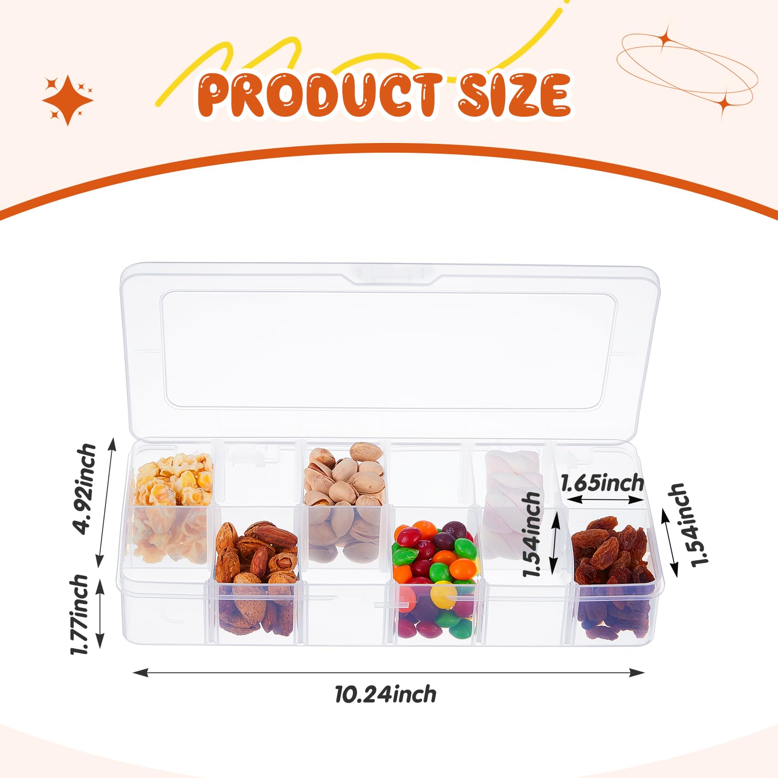 Juexica 4 Pcs Snack Box Container Adjustable Divided Snack Containers, Easy to Clean Dishwasher Safe Clear Bento Box Work Travel(10.35 x 5.12 x 1.69 Inches,12 Grids)