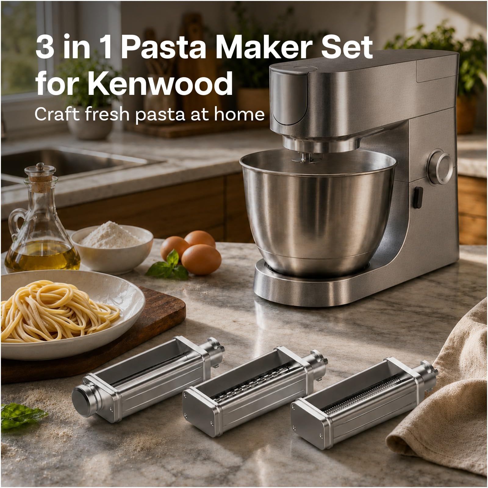 Nasadka do Makaronu do Miksera Stojącego dla Kenwood 3-częściowa – Wałek do Makaronu, Krajalnica do Spaghetti & Fettuccine – Stal Nierdzewna Akcesoria z Adapterem w Zestawie firmy MMOBIEL