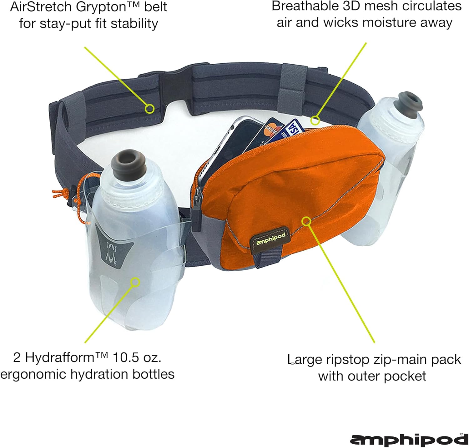 Amphipod Profile-Lite Breeze Hydration Belt, Runners Waist & Hydration Pack for Endurance & Marathon Runs, Men & Women- Orange - 21 oz