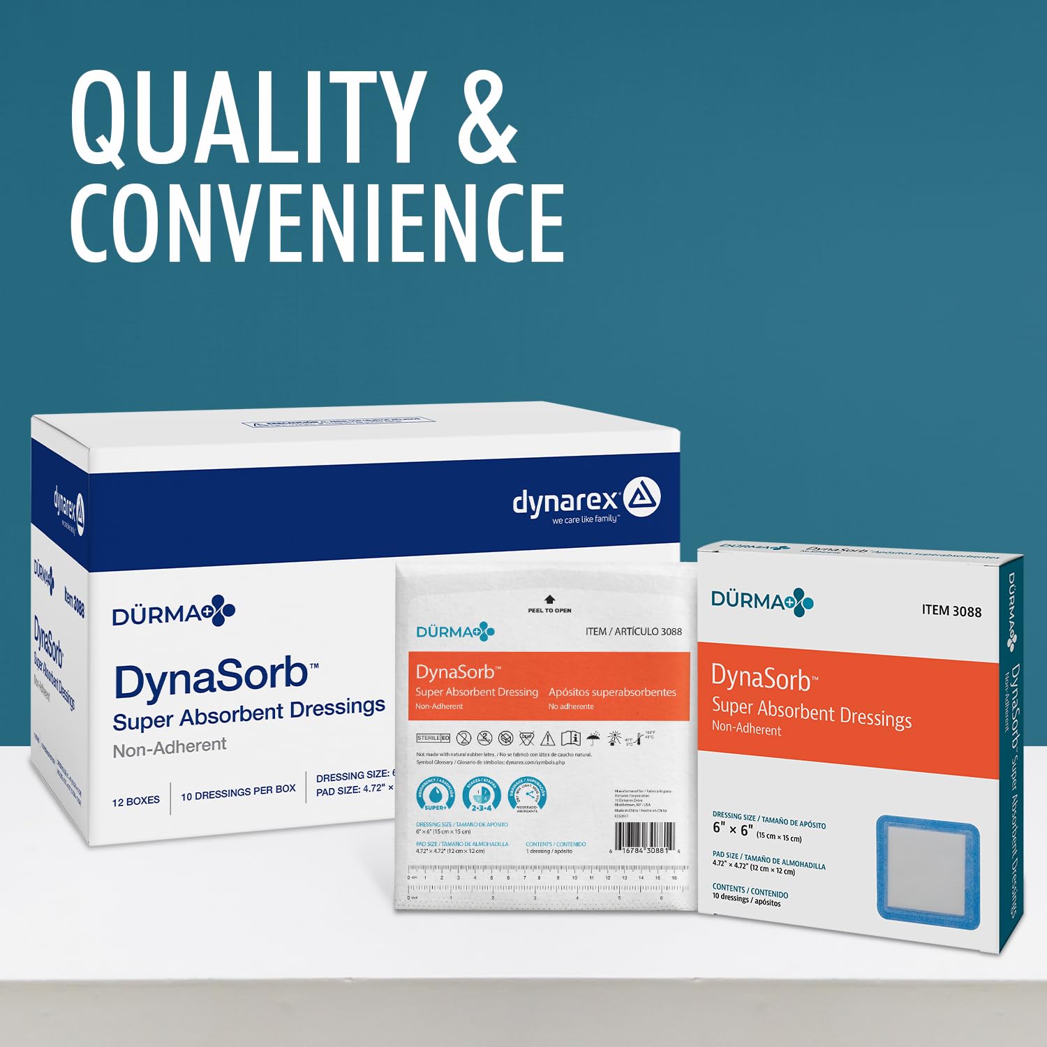 Dynarex Dynasorb Sterile Super Absorbent Nonadherent Wound Care Dressing Bandage, 6" X 6", 120 Count