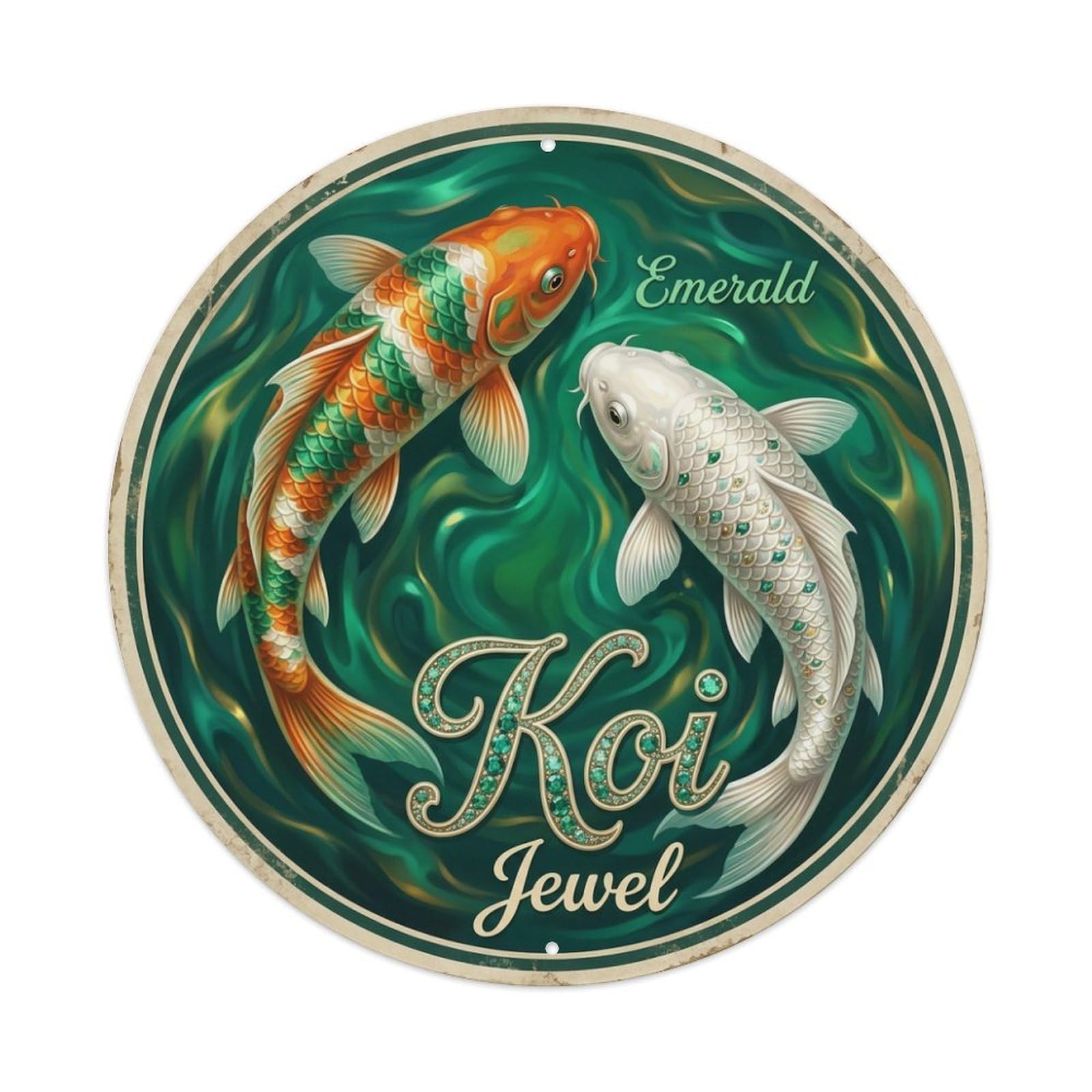 Koi Fish Emerald Jewel Waters Green Precious Brilliant Vibrant Metal Tin Sign