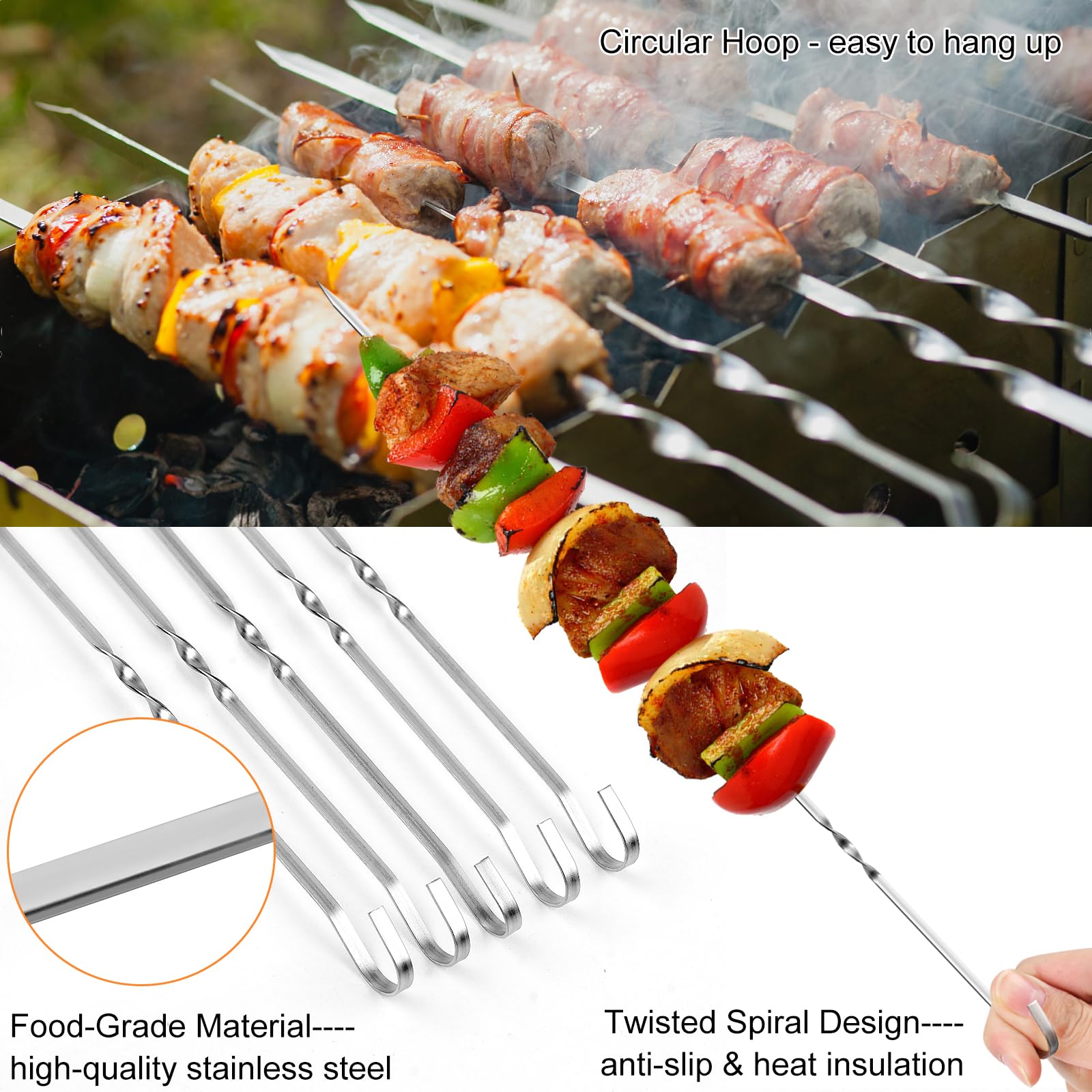Pinchos Planos Para Barbacoa De Acero Inoxidable | 16.5 Pulgadas | Con Mango De Madera | Juego De 6 Unidades
