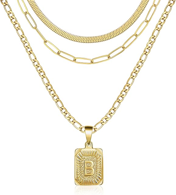 Dainty Layered Initial Necklaces for Women 18K Gold Plated Figaro Chain Necklace Simple Cute Letter Pendant Initial Paperclip Herringbone Snake Choker Gold Layered Necklaces for Women Teen Girl