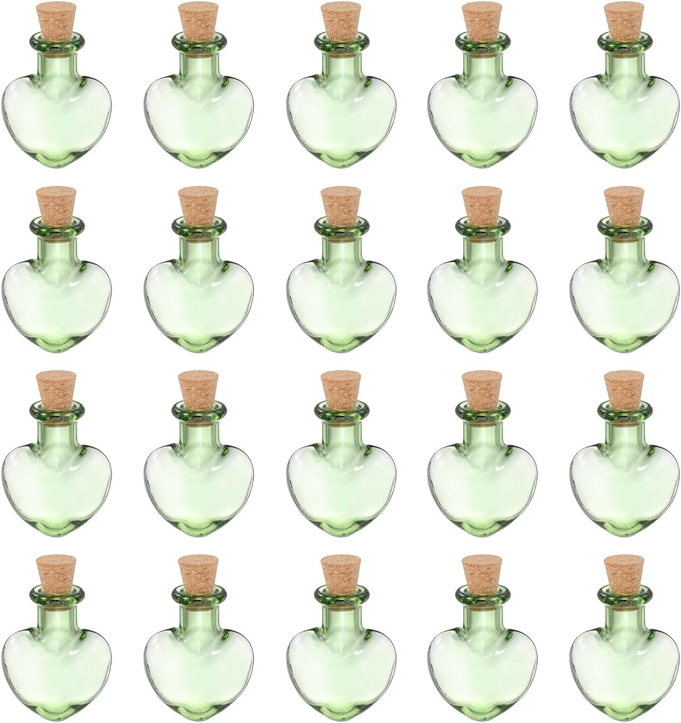 HARFINGTON 20 Pcs Mini Glass Bottles Jars, Heart Small Cute Glass Jars Vials Pendants Small Vials Wishing Bottle with Cork Stoppers for DIY Crafts Wedding Favors, Green