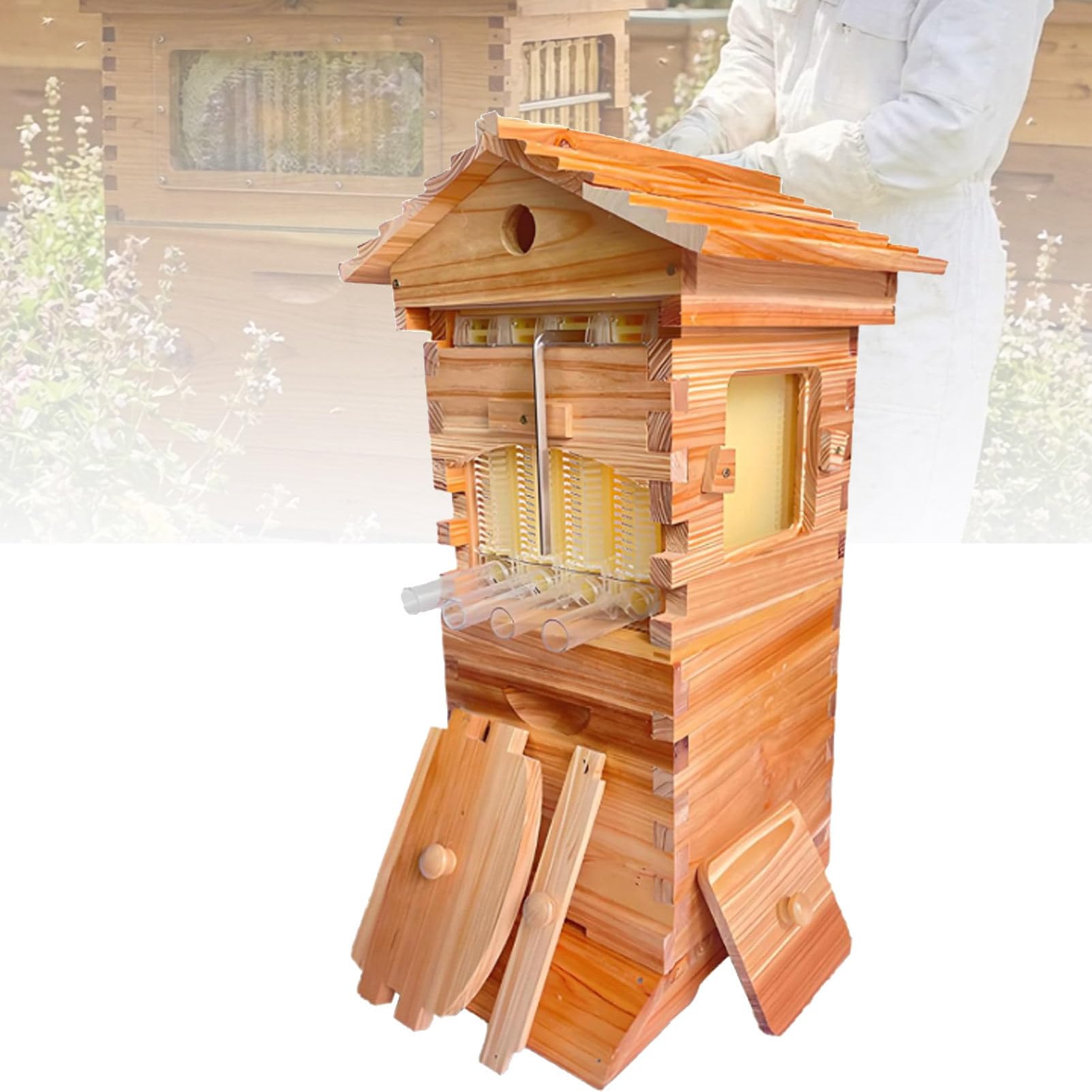 Oiyekntd Beehive Starter Kit, Self-Flowing Wooden Bee Box, with Observation Window and Honey Spout, Self-Flow Hive Beehive Starter Kit, for Beekeeping, Garden Pollinators