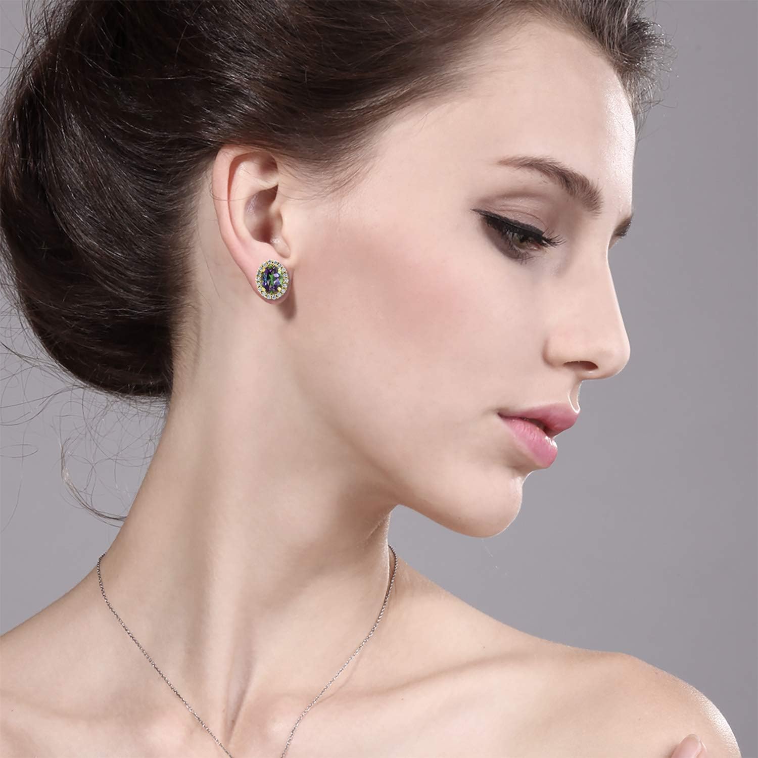 Gem Stone King 18K Yellow Gold Plated Silver 8X6MM Oval Gemstone Birthstone Stud Earrings with Removable Jackets | Halo Earrings for Women