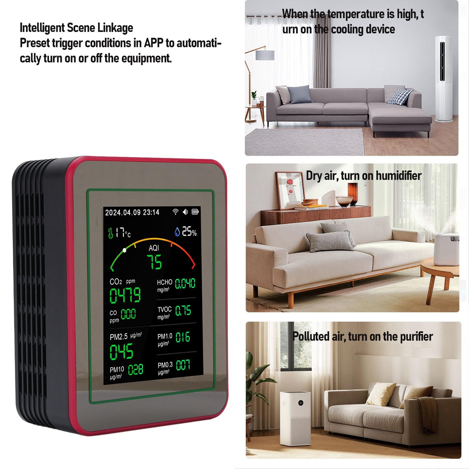 Monitor della qualità dell'aria, tester WiFi CO2 TVOC HCHO PM2.5 15 in 1 (Nero Rosso)