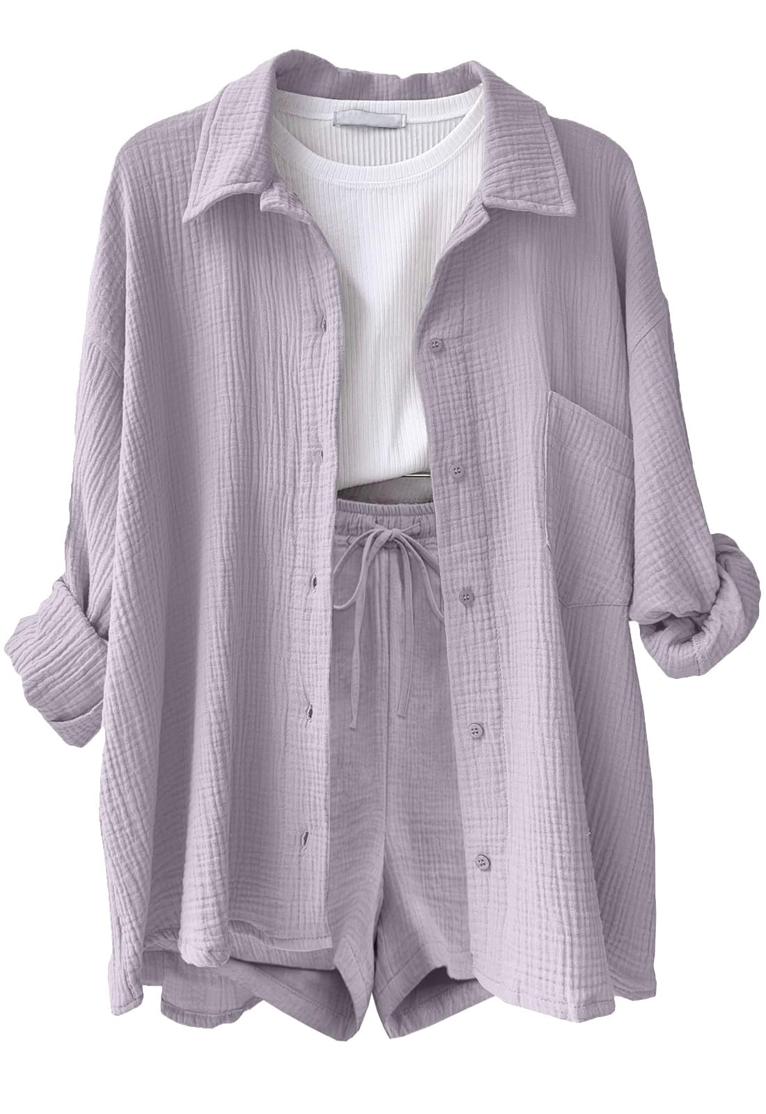 CheChury Zweiteiler Damen Sommer Musselin Bluse Hemd Hosen Langarm Freizeitanzug Y2K Hosenanzug Aesthetic Mode Lässige 2 Teiler Luftig Sportanzug Taschen Strand Outfit Leicht Atmungsaktiv Loungewear